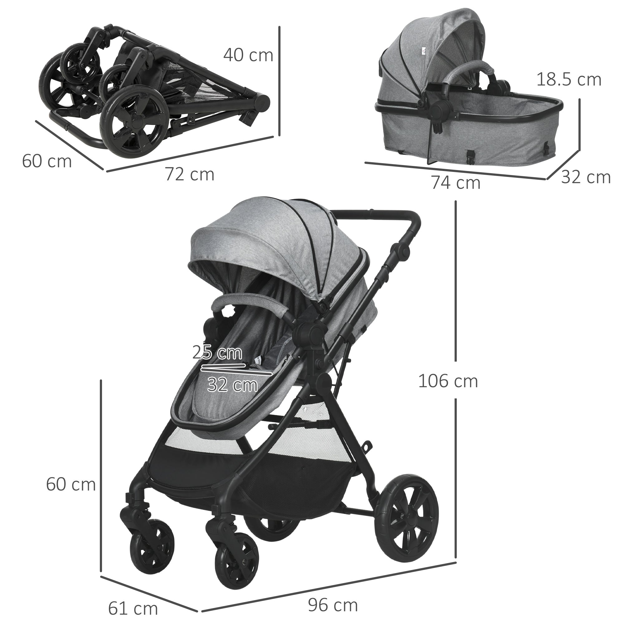 HOMCOM Foldable Baby Stoller, with Reclining Backrest, Adjustable Canopy, for Ages 0-36 Months - Grey