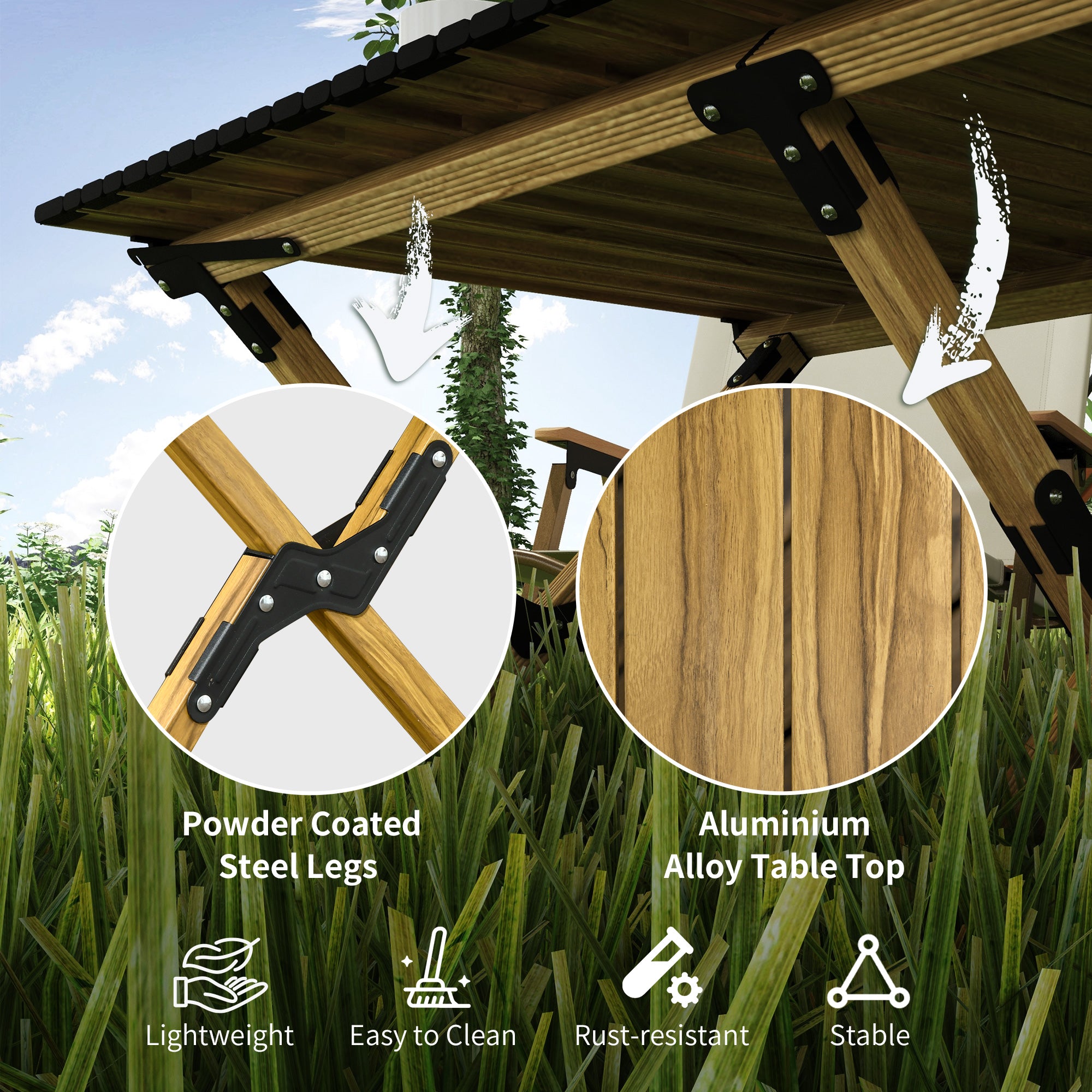 Outsunny Portable Camping Table, 4ft Aluminium Folding Table with Roll-Up Top, Picnic Table for Indoor, Outdoor, Party, BBQ, Beach, Natural Wood Effect - North Peak Garden Furniture