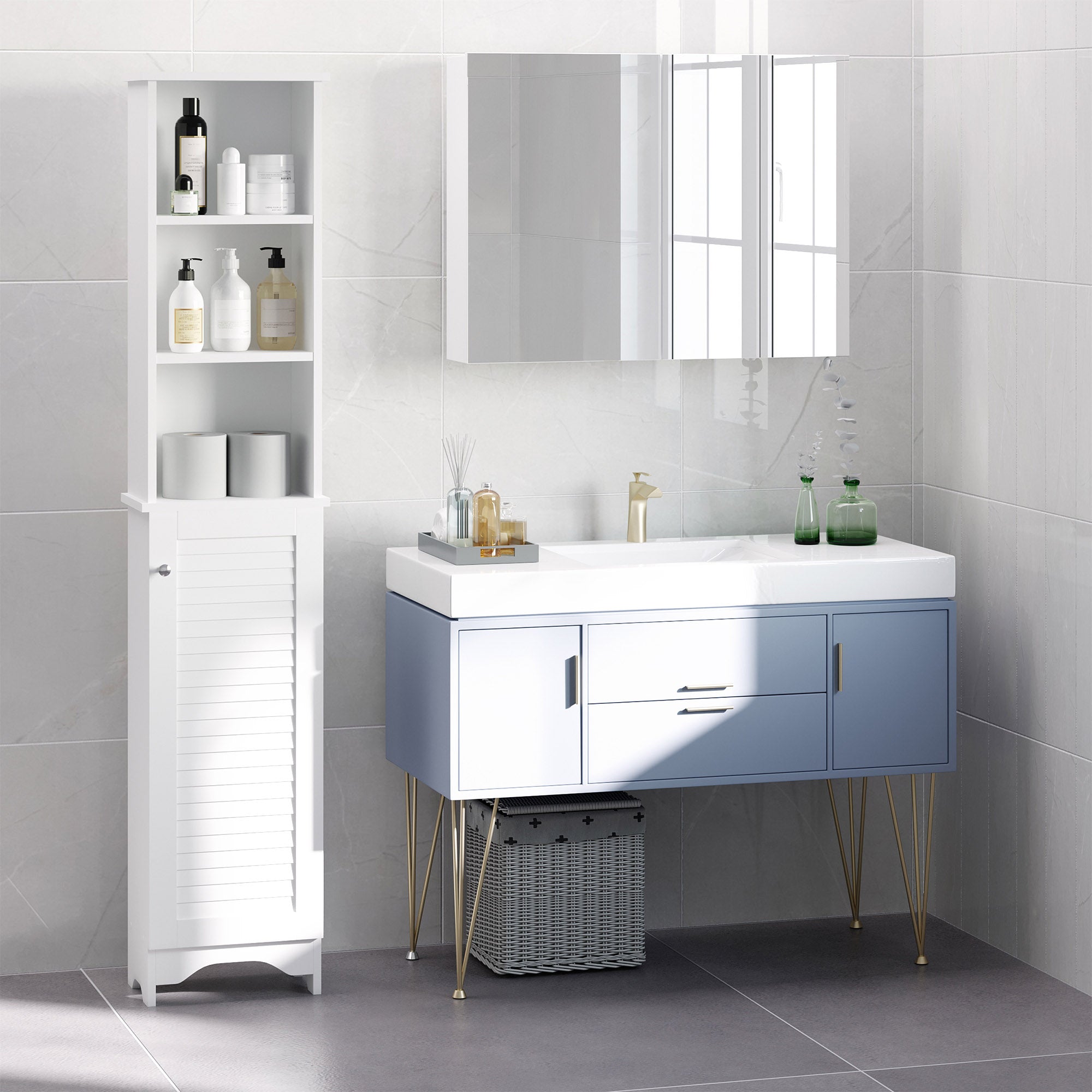 HOMCOM Tall Bathroom Cabinet Storage Cupboard Floor Standing Home Bathroom Furniture w/ 6 Shelves 165H x 34W x 20D cm White - North Peak Garden Furniture