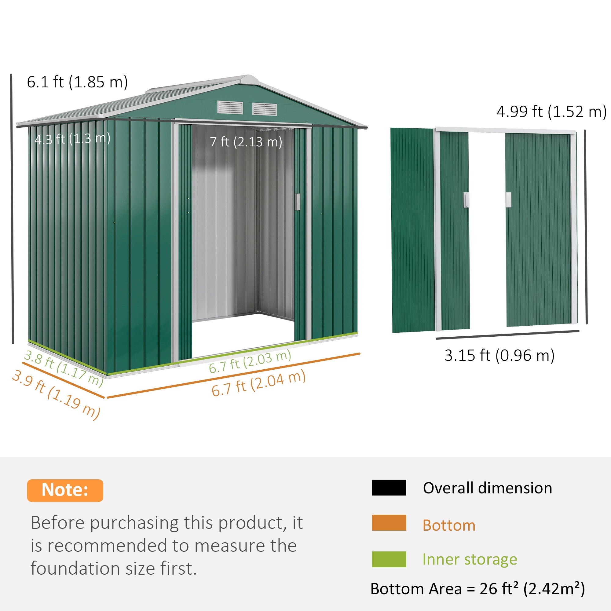 Outsunny 7 x 4ft Metal Garden Shed, Outdoor Storage Tool House with Ventilation Slots, Foundation Kit and Lockable Double Doors, Green