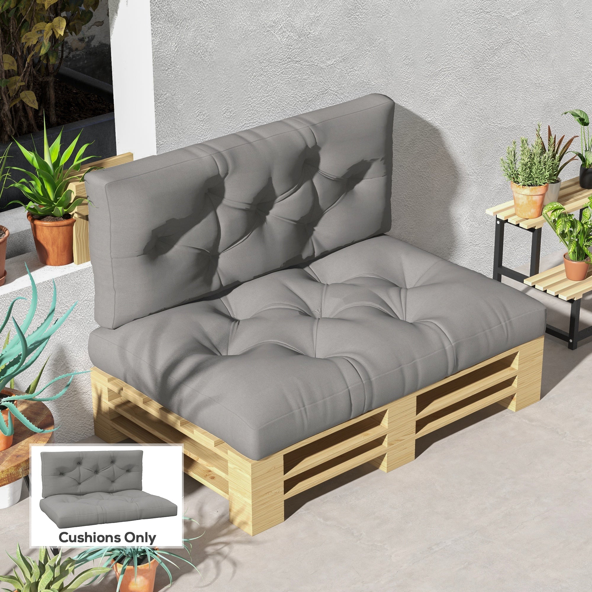 Outsunny 2 Seater Pallet Seat Cushions Back Pillows Replacement, Patio Chair Cushions Set for Indoor Outdoor, Light Grey