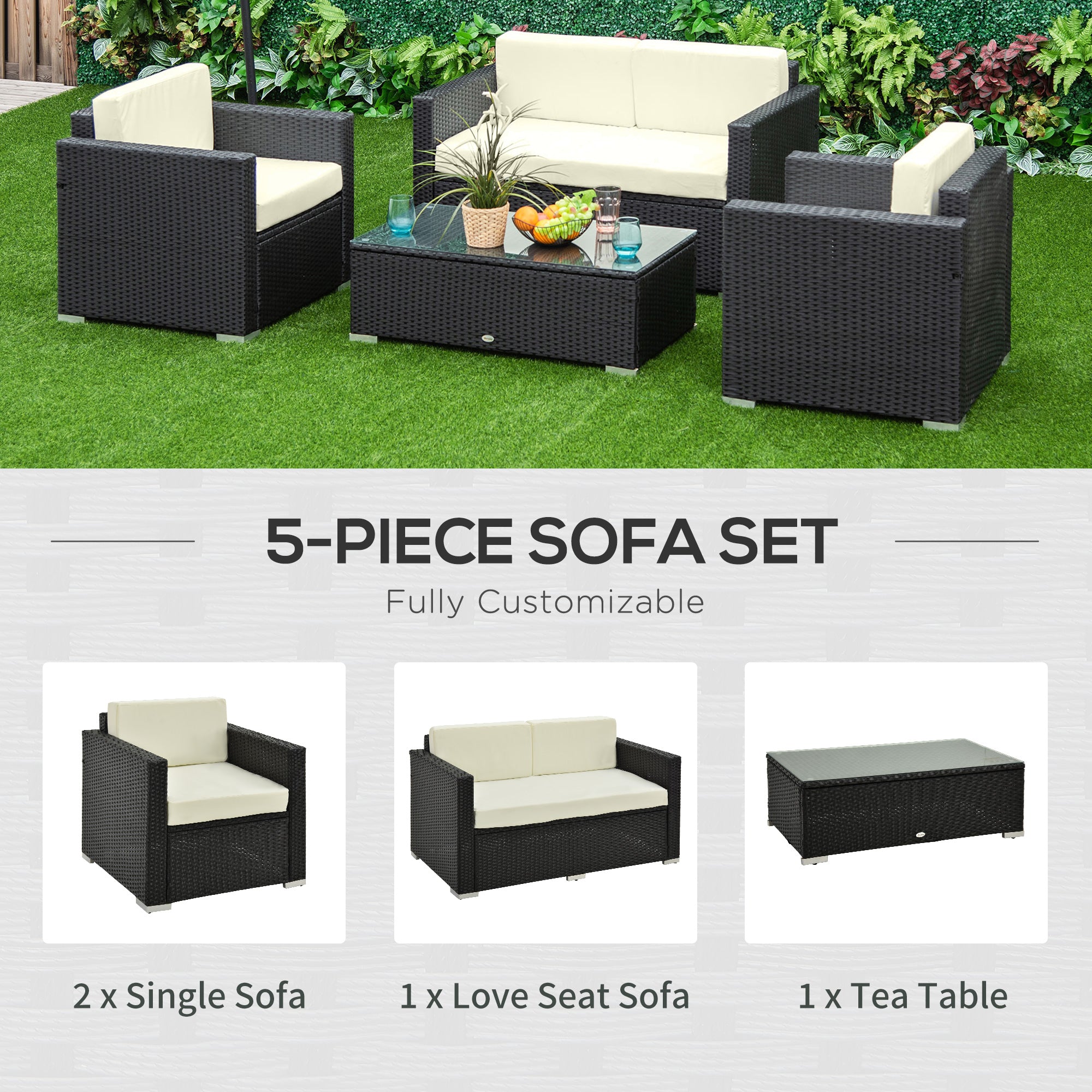 Outsunny 4-Seater Rattan Sofa Set Garden Rattan Furniture Wicker Steel Chair Seat Furniture Patio Rattan Garden Sofa Black - North Peak Garden Furniture