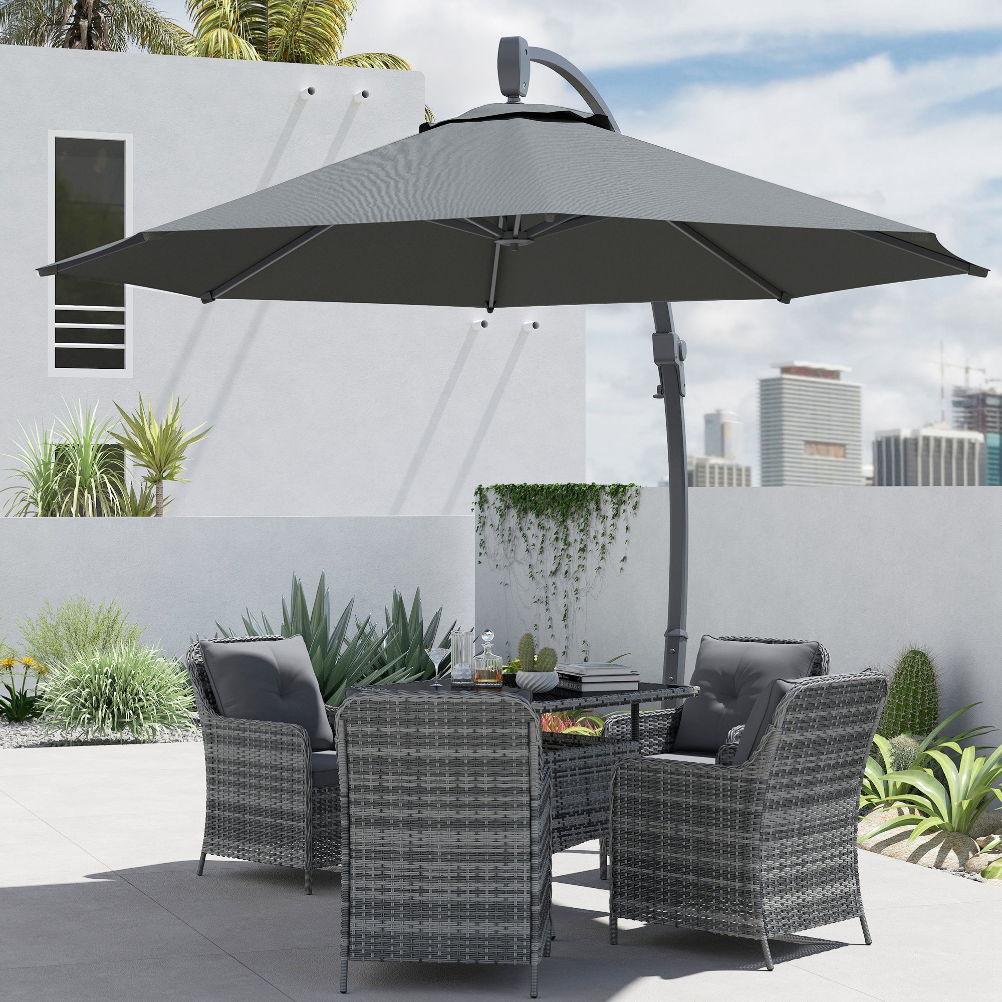 Outsunny 3(m) Garden Cantilever Parasol, Round Overhanging Umbrella with Crank Handle, Cross Base, Aluminium Frame and 360° Rotation, Banana Patio Umbrella for Outdoor Sun Shade, Grey - North Peak Garden Furniture