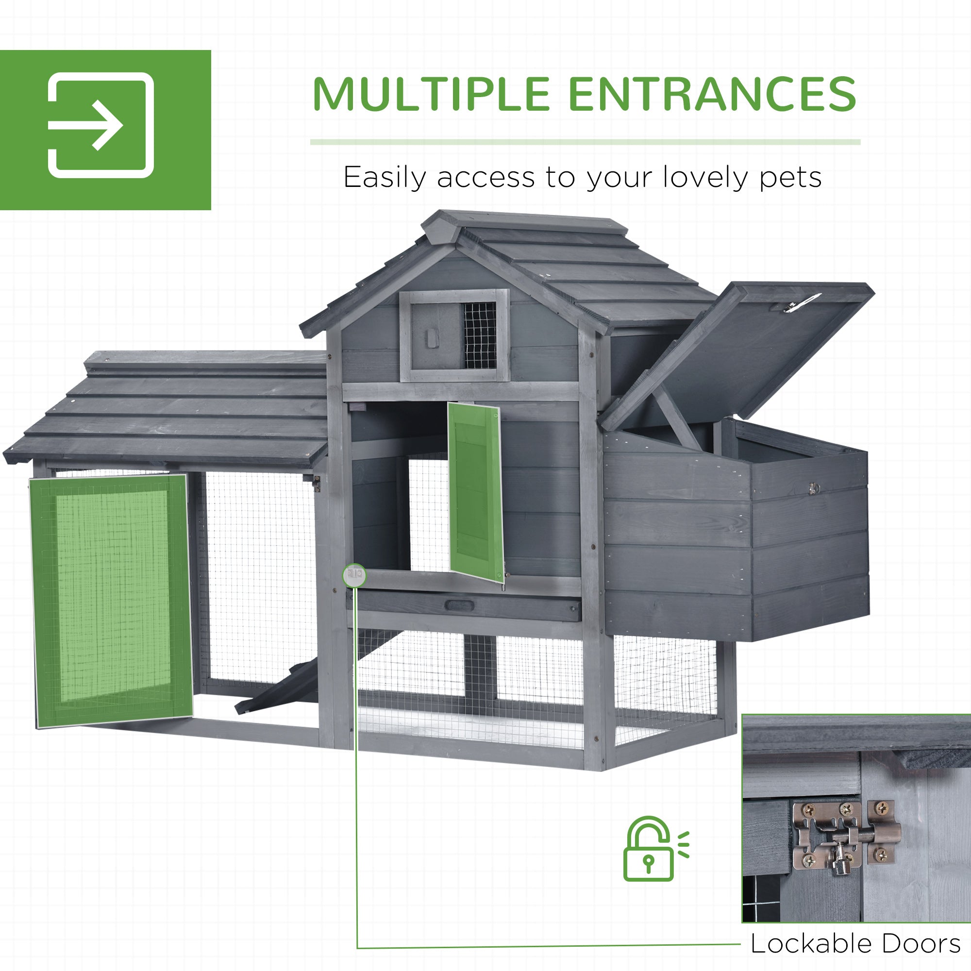 PawHut Solid Wood Enclosed Outdoor Backyard Chicken Coop Kit with Nesting Box,Grey