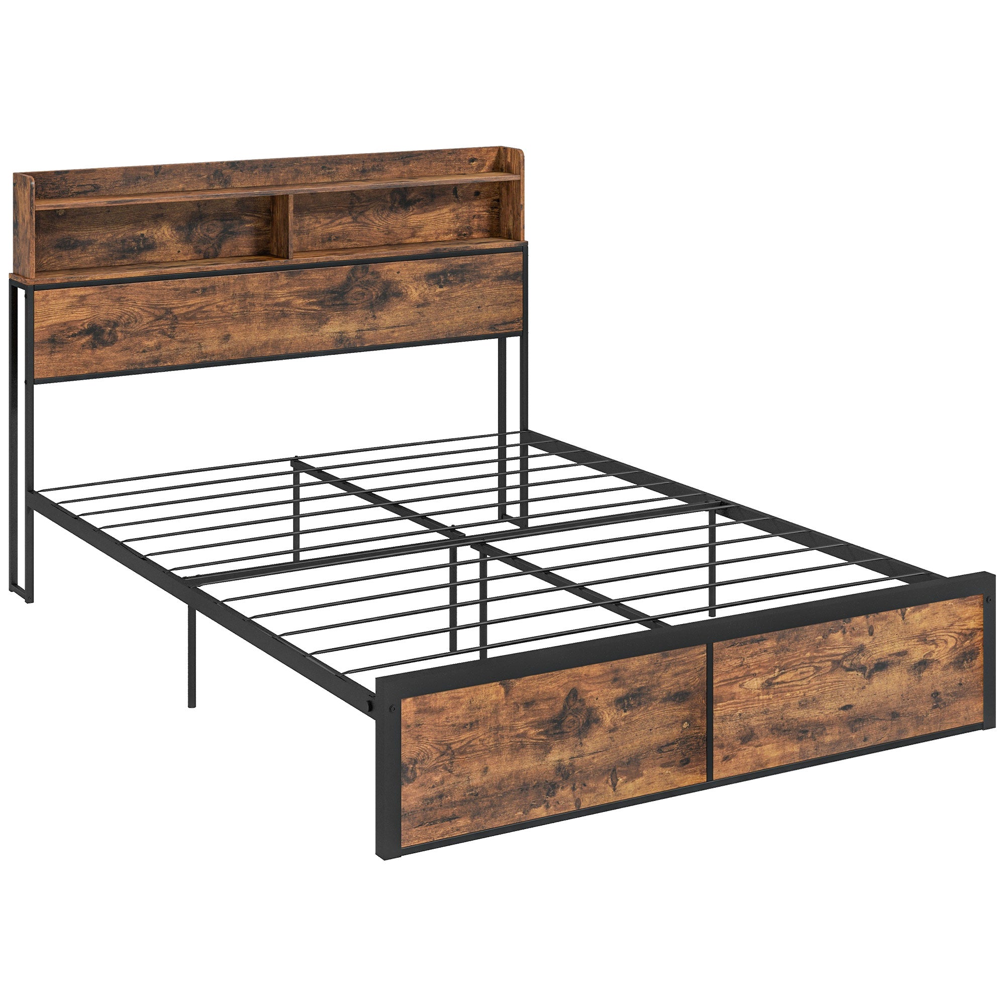 HOMCOM Industrial King Bed Frame, 5.2FT Steel Bed Base with Storage Headboard, Footboard, Slatted Support and Under Bed Storage, 158 x 222cm, Rustic Brown