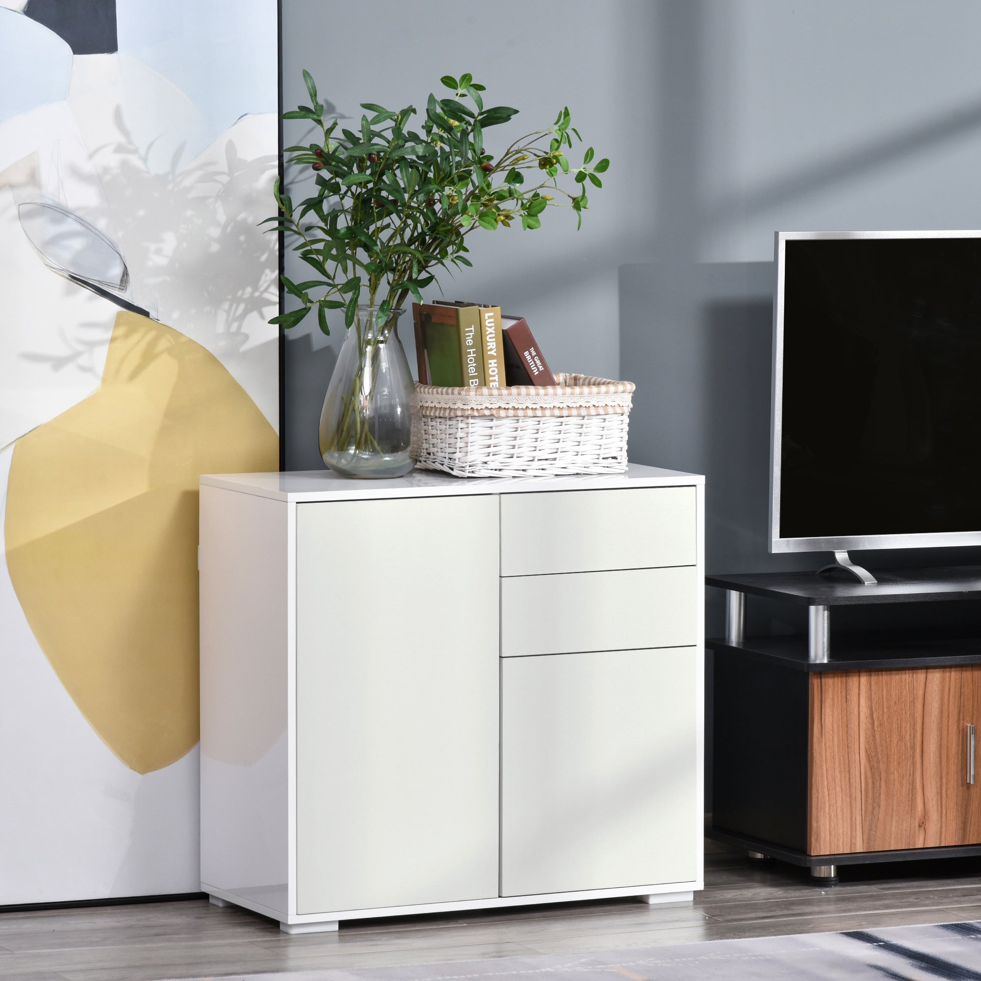HOMCOM High Gloss Frame Sideboard, Side Cabinet, Push-Open Design with 2 Drawer for Living Room, Bedroom, White - North Peak Garden Furniture
