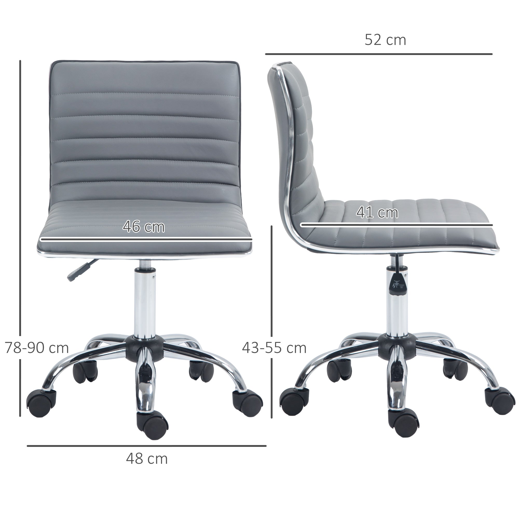 HOMCOM Adjustable Swivel Office Chair with Armless Mid-Back in PU Leather and Chrome Base - Light Grey - North Peak Garden Furniture