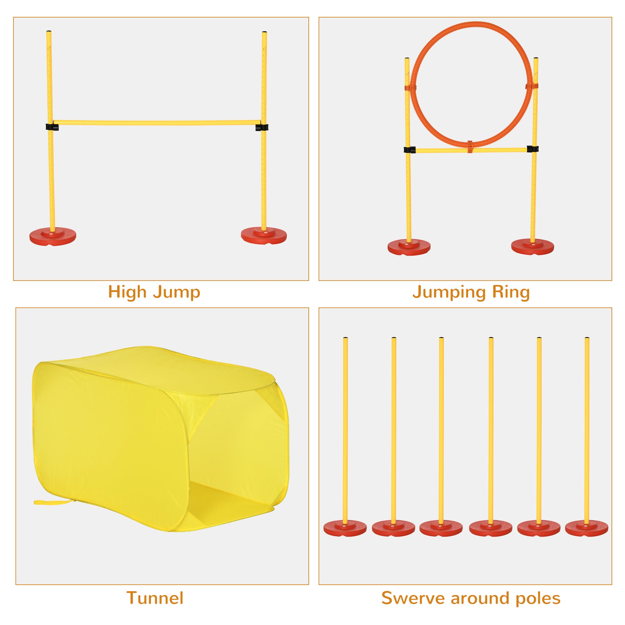 Pawhut Dog Agility Equipment Portable Pet Training Obstacle Set for Dogs 5 Pieces w/ Adjustable High Jumping Pole, Jumping Ring, Weave Poles, Tunnel - North Peak Garden Furniture