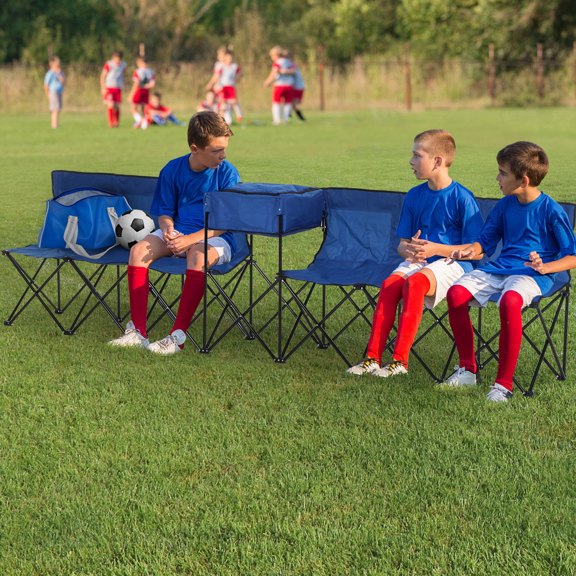 Outsunny 6 Seat Folding Sports Bench Portable Sports Team Bench Spectator Chair with Cooler Bag and Carrying Bag for Outdoor Picnic Camping - Blue - North Peak Garden Furniture