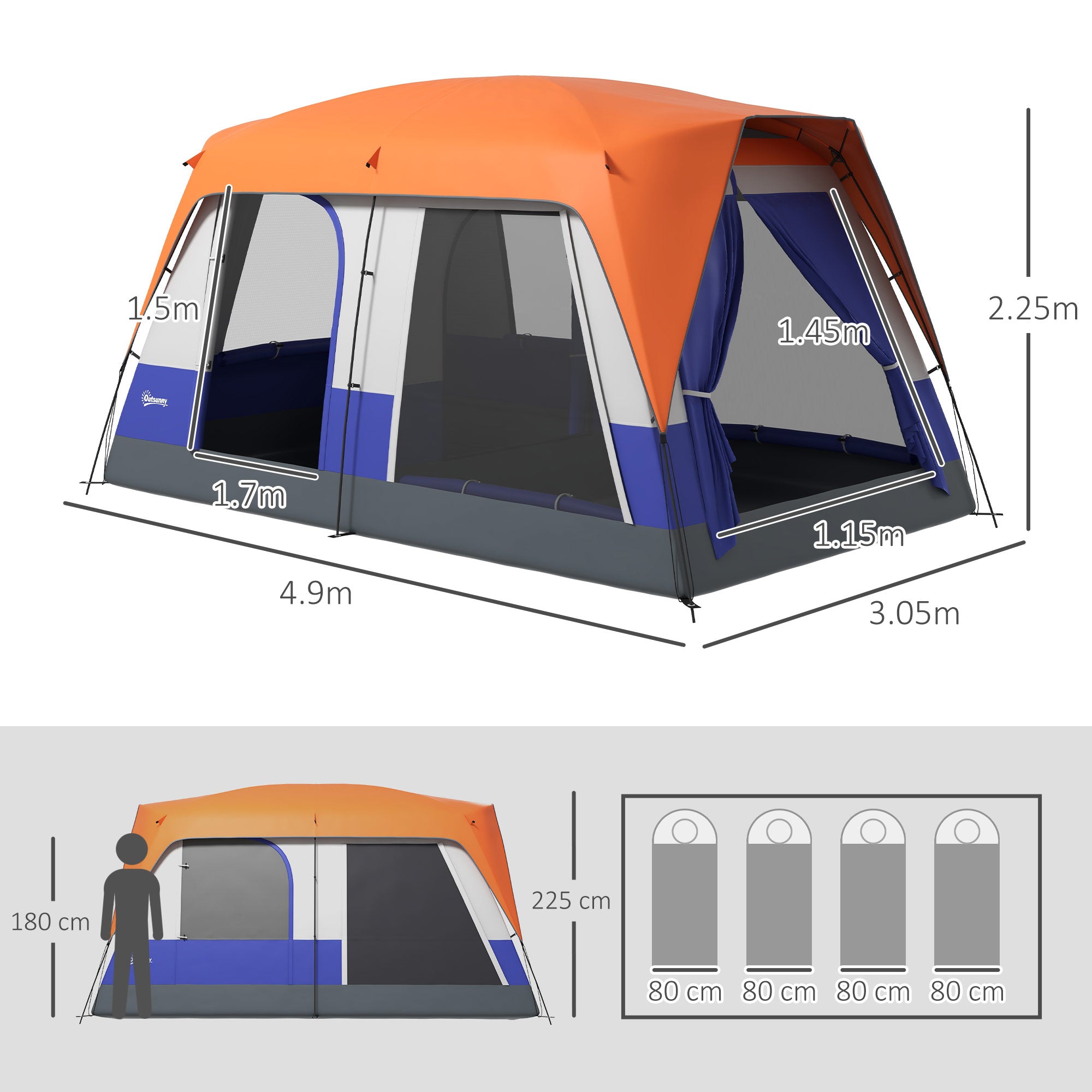 Outsunny Six-Man Camping Tent, with Small Rainfly and Accessories - Orange - North Peak Garden Furniture