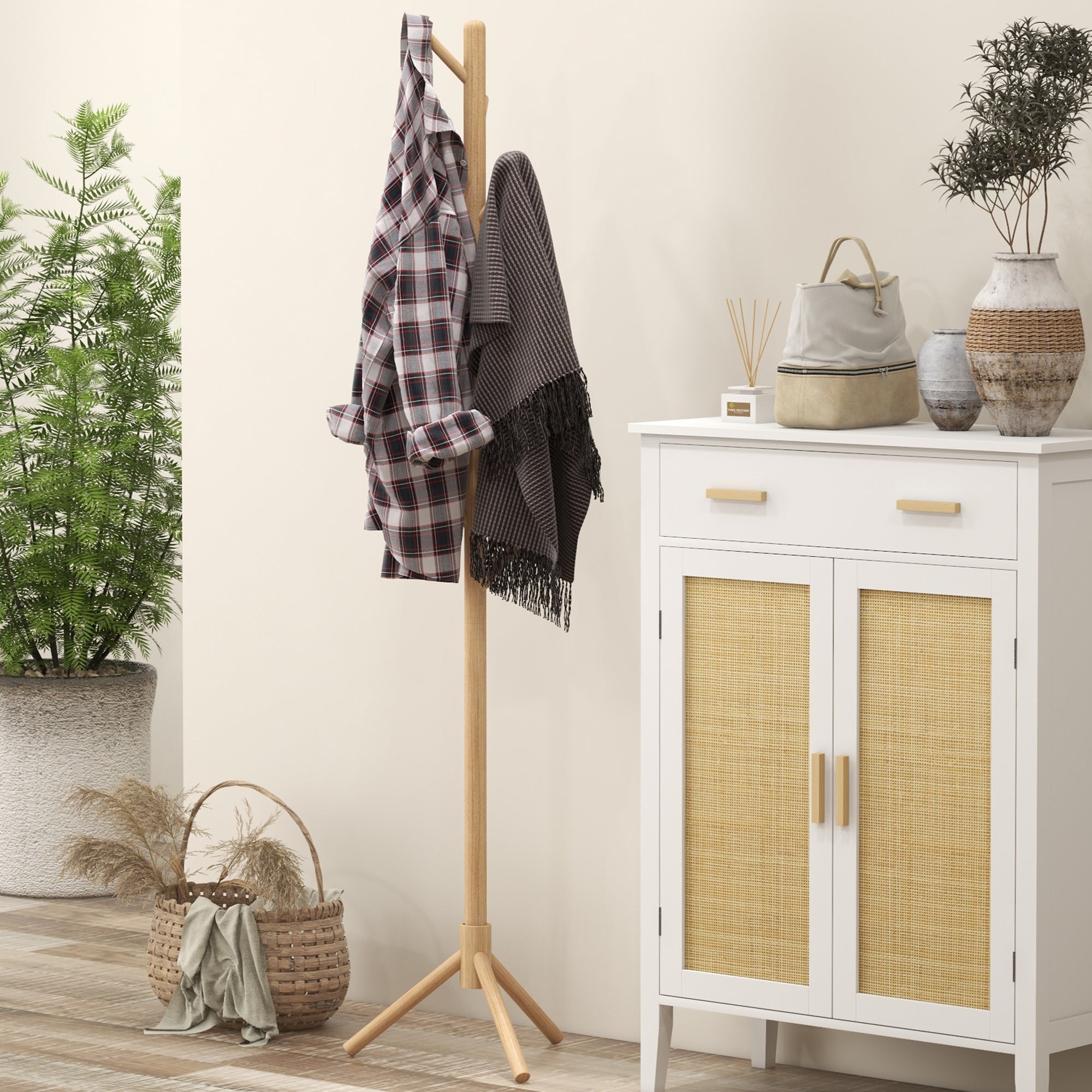 HOMCOM Eight-Hook Wooden Coat Rack - Natural - North Peak Garden Furniture