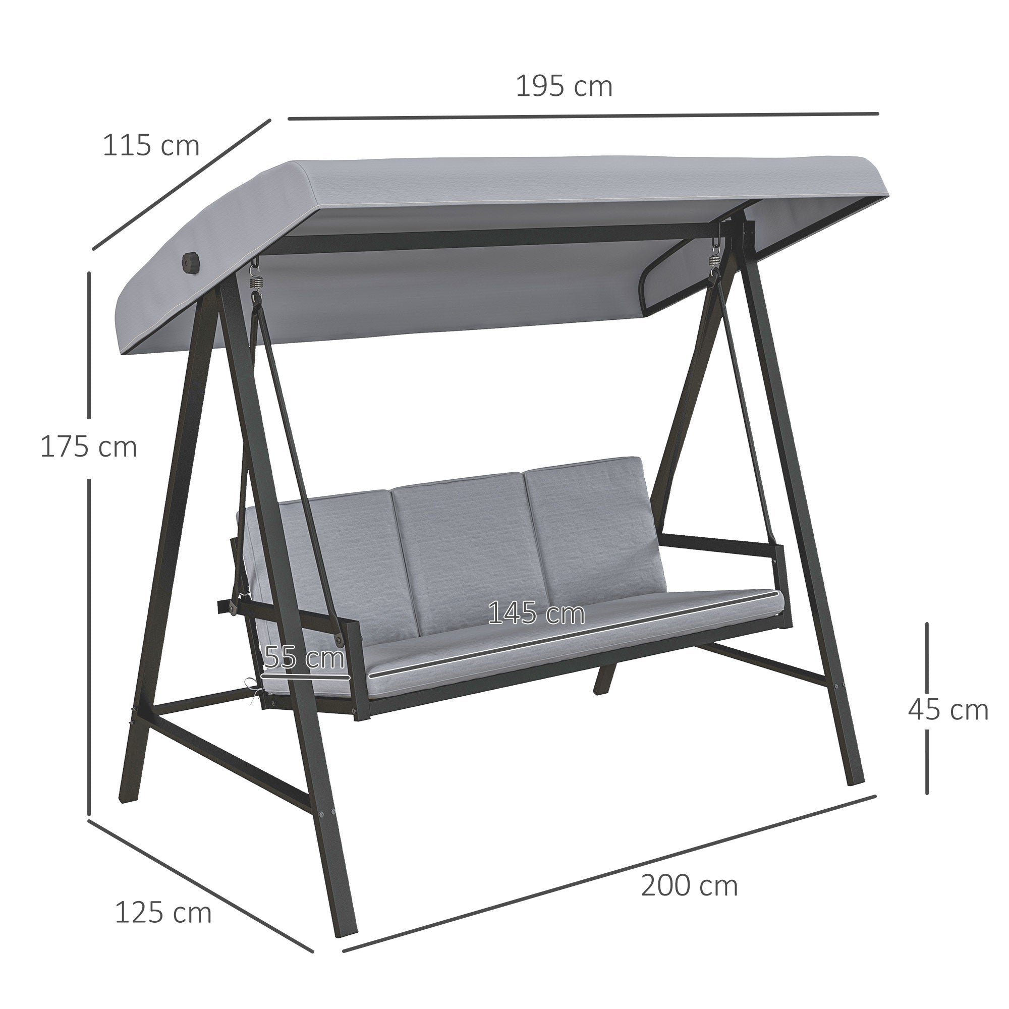 Outsunny Three-Seat Garden Swing Chair, with Adjustable Canopy - Grey - North Peak Garden Furniture