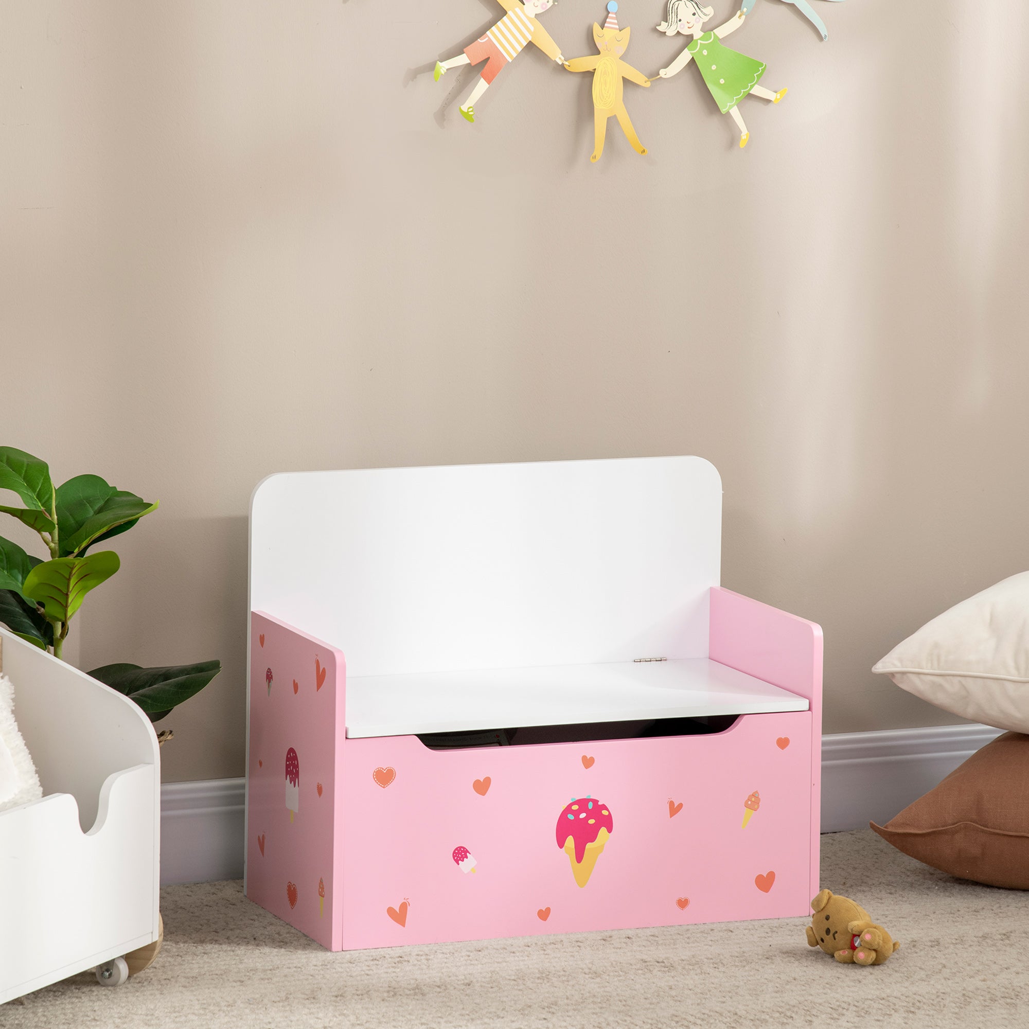 ZONEKIZ 2-in-1 Kids Storage Bench, Toy Box w/ Safety Rod - Pink - North Peak Garden Furniture