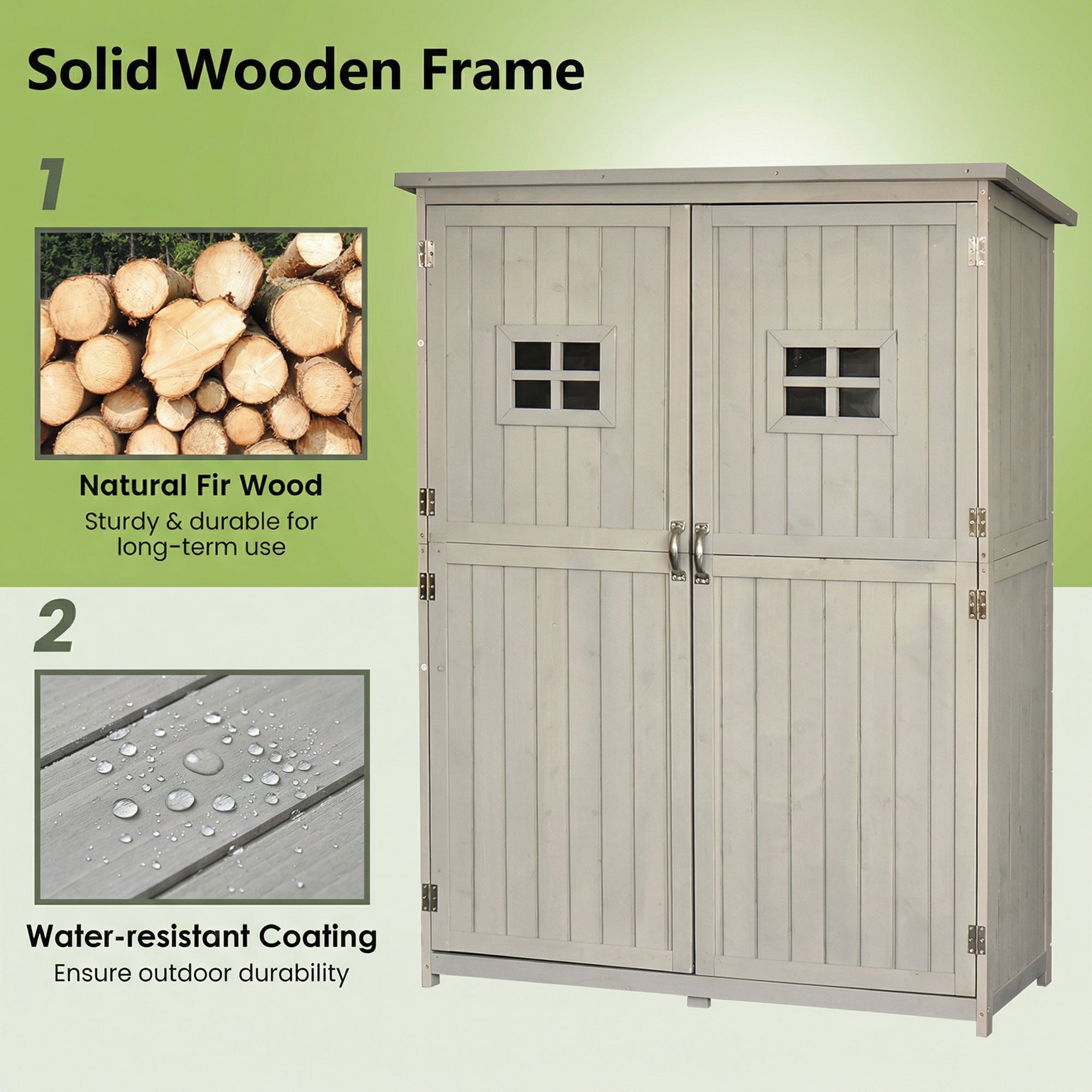 Outsunny Wooden Garden Shed with Two Windows, Tool Storage Cabinet, Outdoor Double Door Organizer 127.5L x 50W x 164H cm, Grey