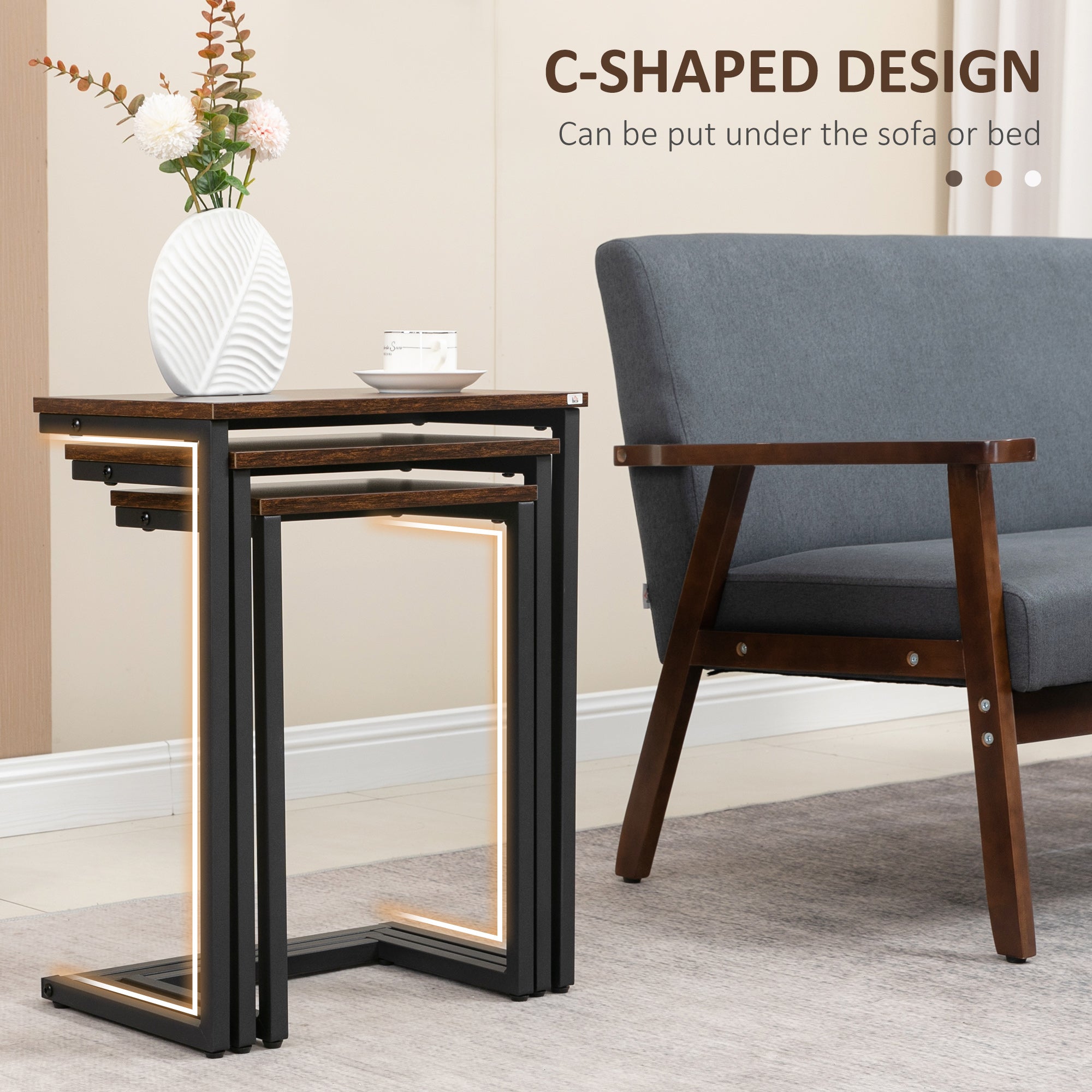 HOMCOM Nesting Side Tables Set of 3, C-Shaped Snack Side Tables with Steel Frame for Sofa Couch and Bed, Rustic Brown - North Peak Garden Furniture