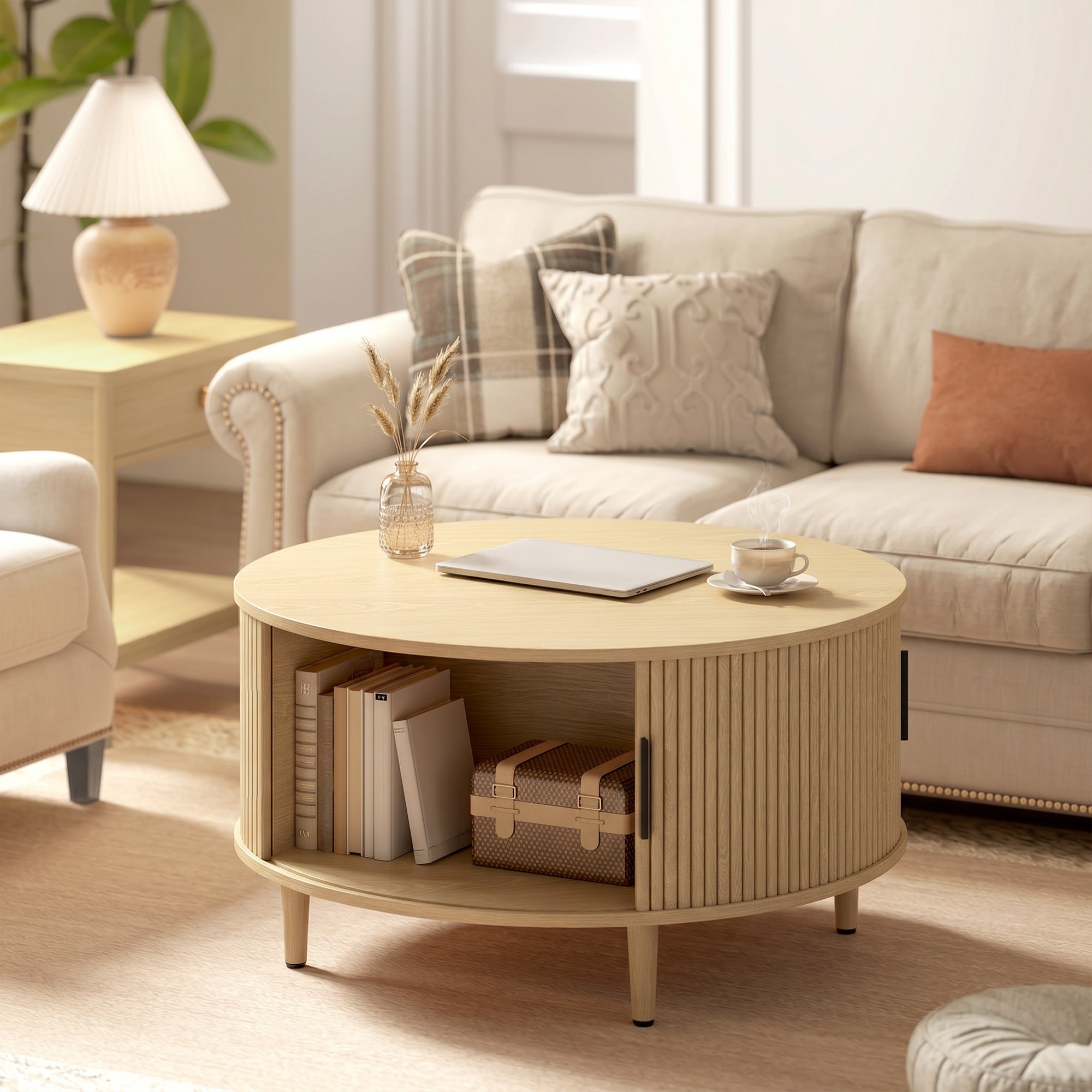 HOMCOM Coffee Table with Lift Top and Hidden Storage, Round Centre Table with Fluted Sliding Door, 80 cm, Natural Wood