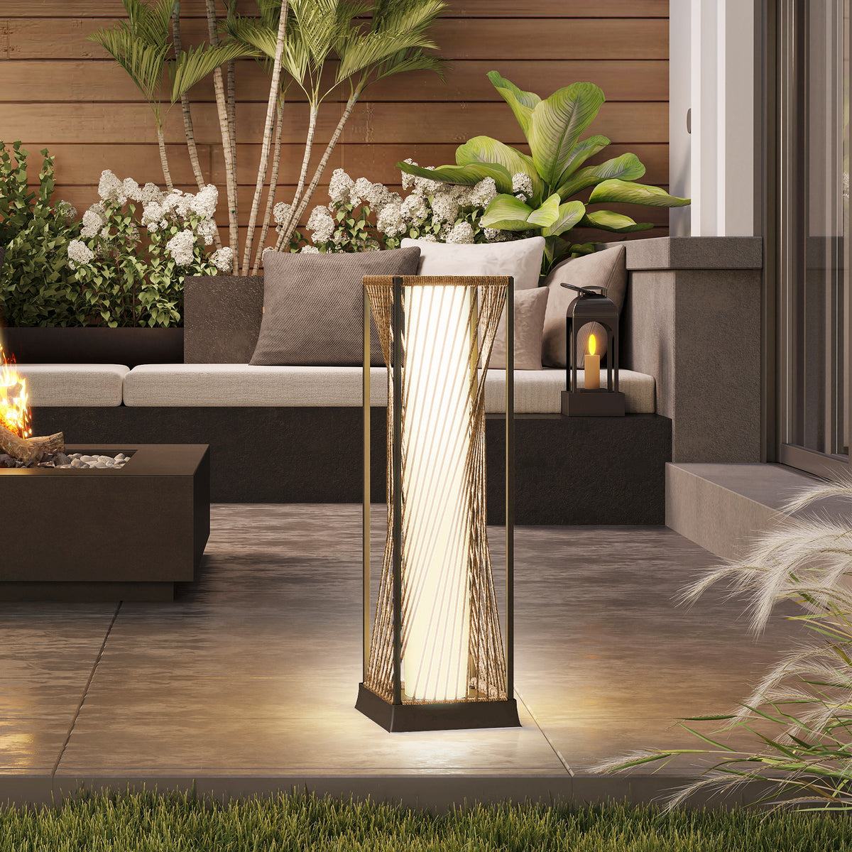 Outsunny Rattan Solar Garden Lights, Auto On/Off LED Floor Lamp, Sand Brown
