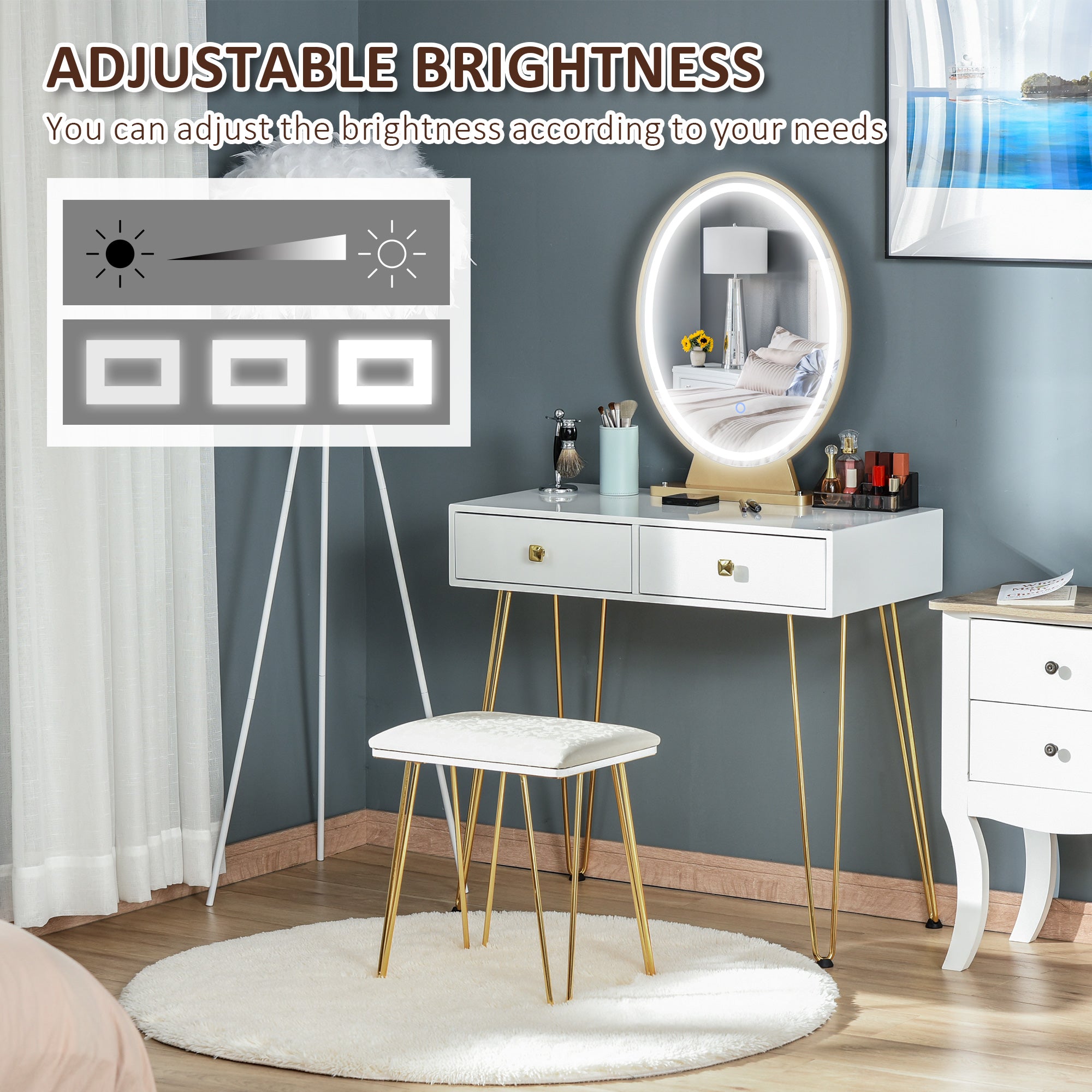 HOMCOM Dressing Table Set with LED Light, Round Mirror, Vanity Makeup Table with 2 Drawers and Cushioned Stool for Bedroom, White - North Peak Garden Furniture