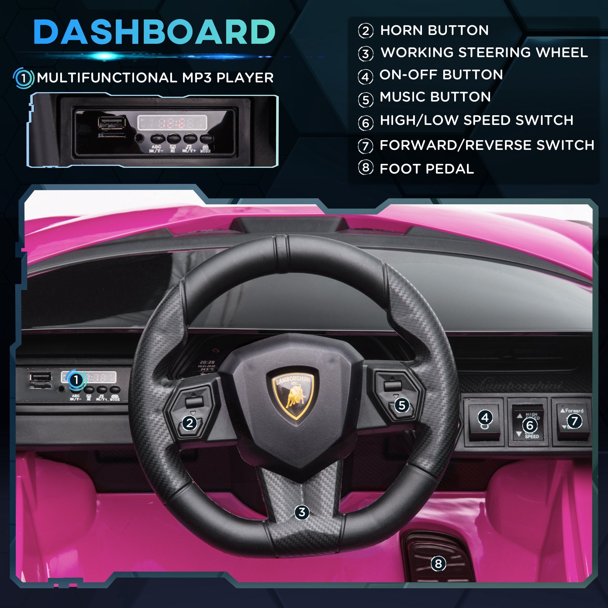 HOMCOM Lamborghini Sian Licensed 12V Kids Electric Ride On Car 2 Motors Toy Car with Remote Control Music Lights MP3 for 3-5 Years Pink - North Peak Garden Furniture