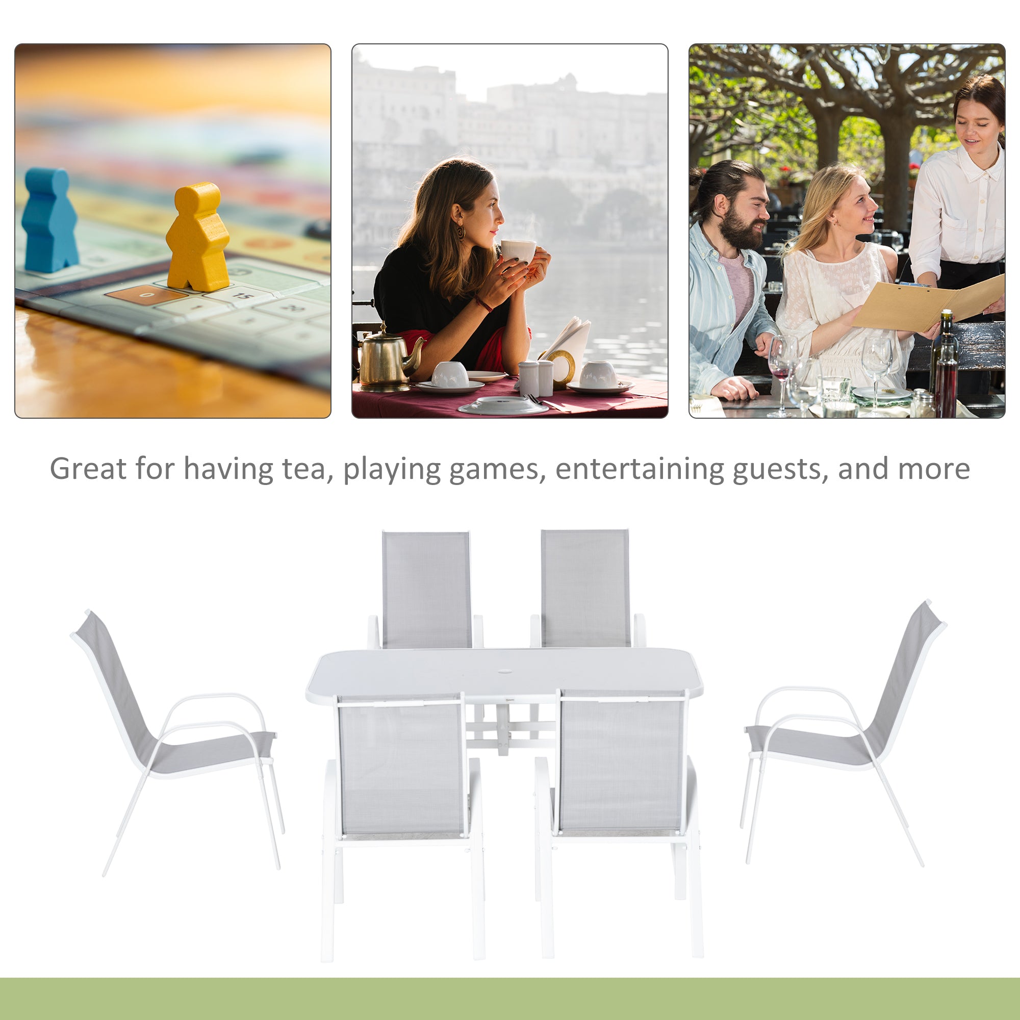 Outsunny 7 Piece Garden Dining Set with Dining Table and Chairs, 6 Seater Outdoor Patio Furniture with Parasol Hole for Backyard, Deck and Balcony, Grey - North Peak Garden Furniture