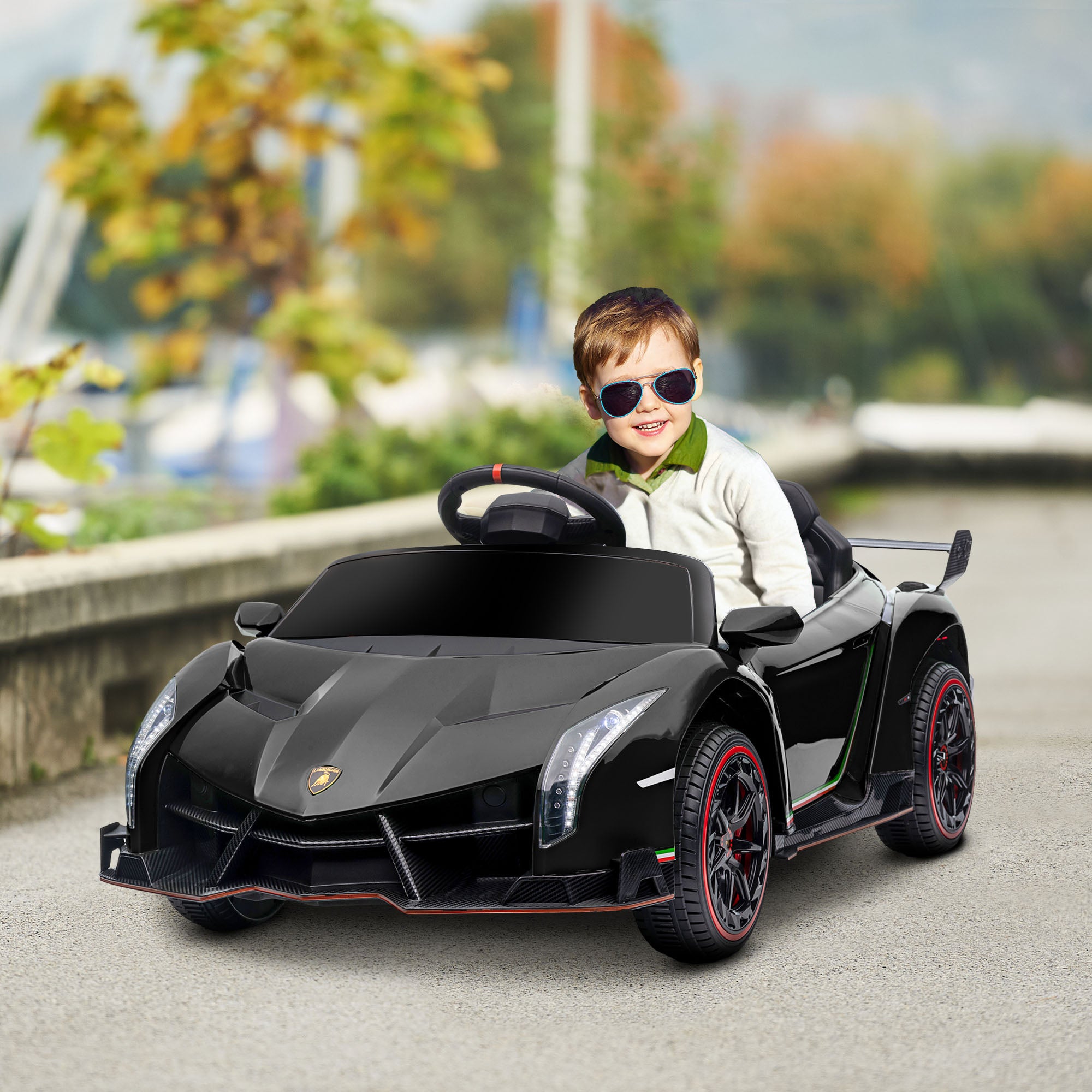 HOMCOM Lamborghini Veneno Licensed Electric Ride-On Car, with Remote, Music, Horn - Black - North Peak Garden Furniture