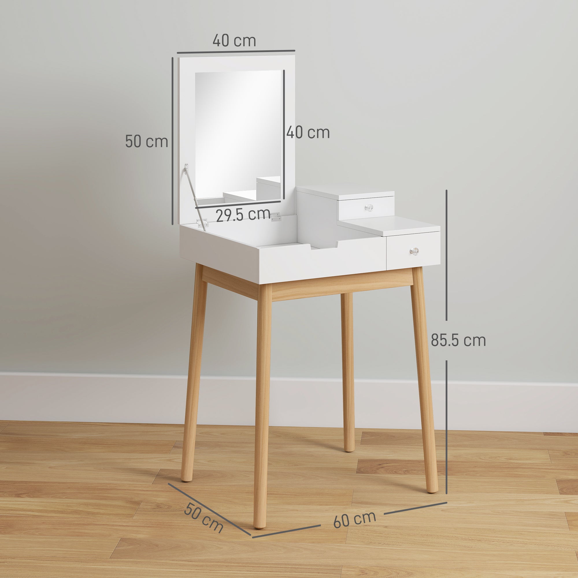 HOMCOM MDF,Pine Dressing Table Desk Flip-up Mirror Multi-purpose 2 Drawers Modern - White