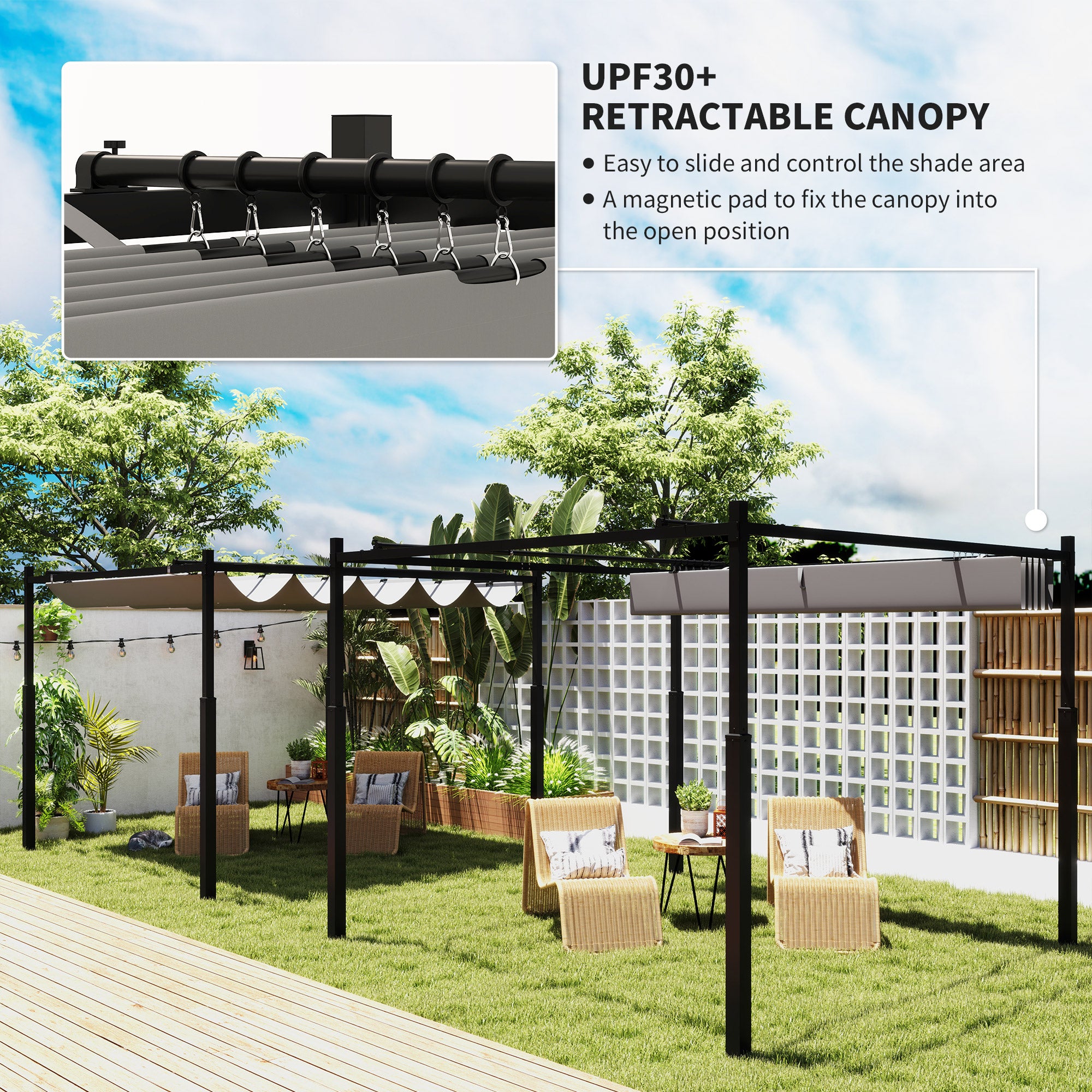 Outsunny 3 x 3(m) Garden Pergola with Retractable Roof and Magnetic Fixture, Outdoor Pergola Kit Sun Shade Canopy, UPF30+, 80mm Metal Column, Grey - North Peak Garden Furniture