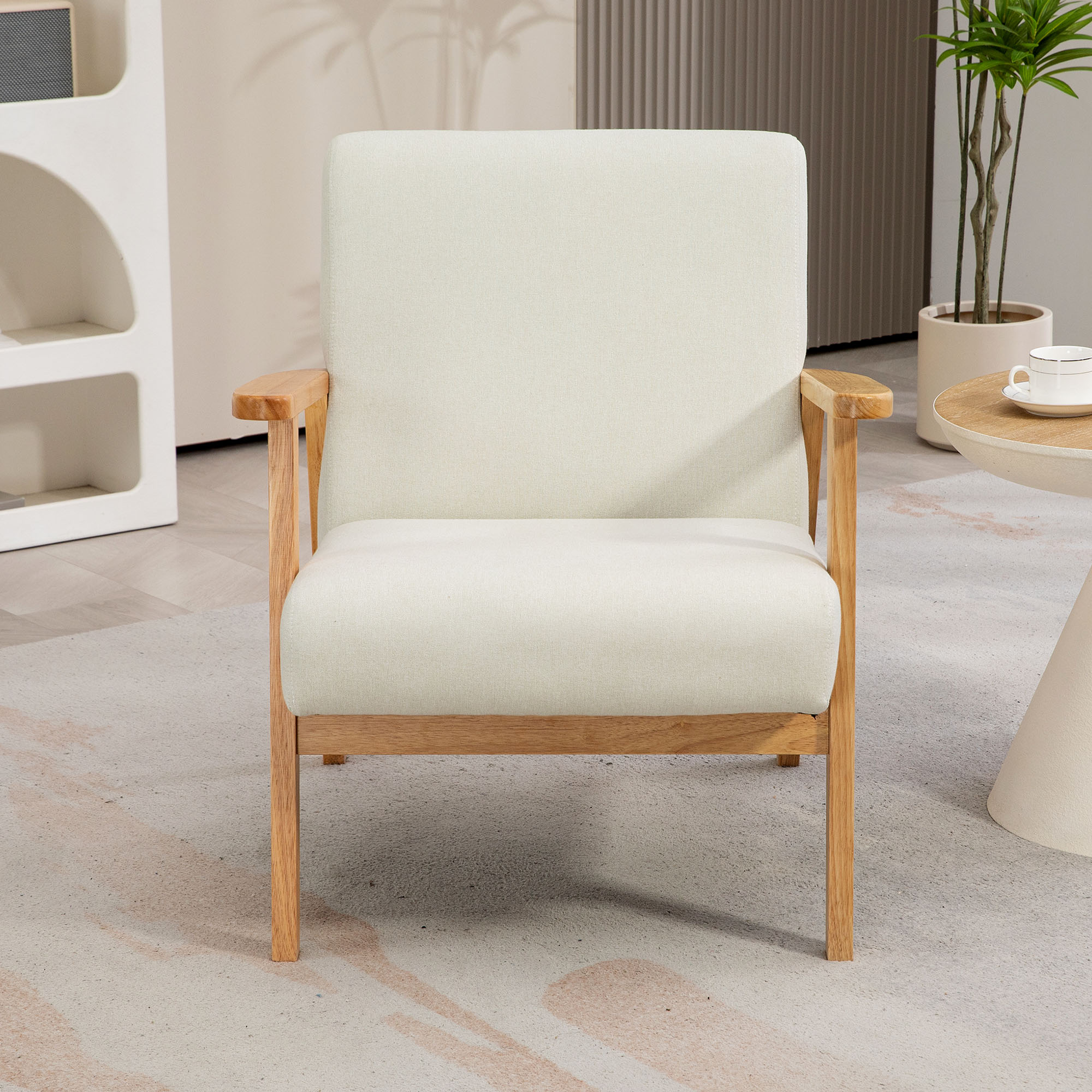 HOMCOM Fabric Accent Chair for Living Room, Arm Chair with Rubber Wood Frame and Padded Cushion, Cream White - North Peak Garden Furniture