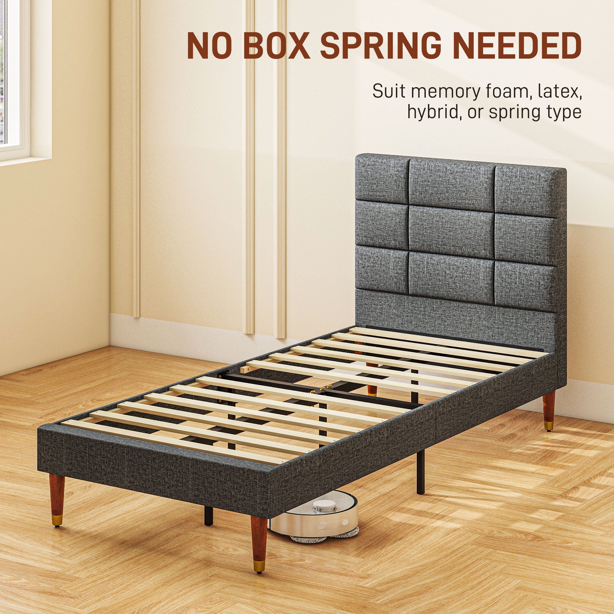 HOMCOM Upholstered Single Bed Frame, with Slats - Grey - North Peak Garden Furniture