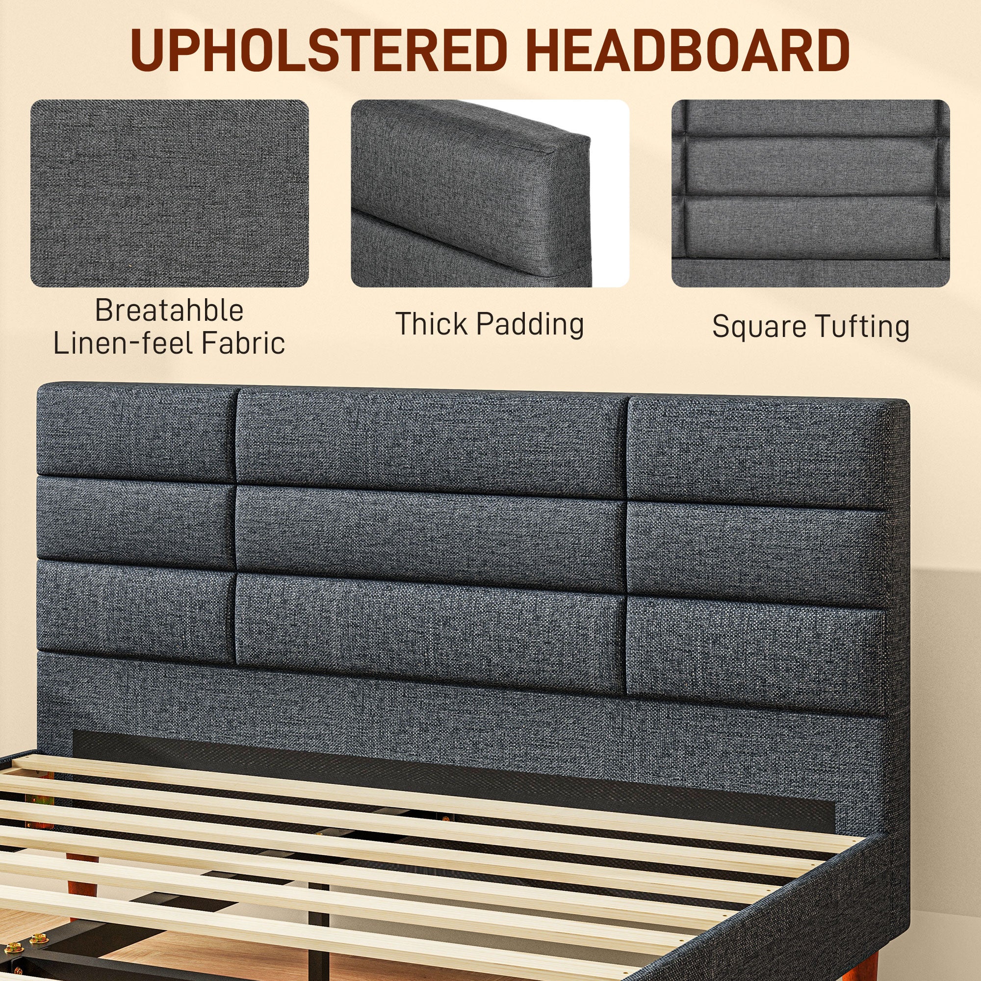 HOMCOM Upholstered Double Bed Frame, with Slats - Grey - North Peak Garden Furniture