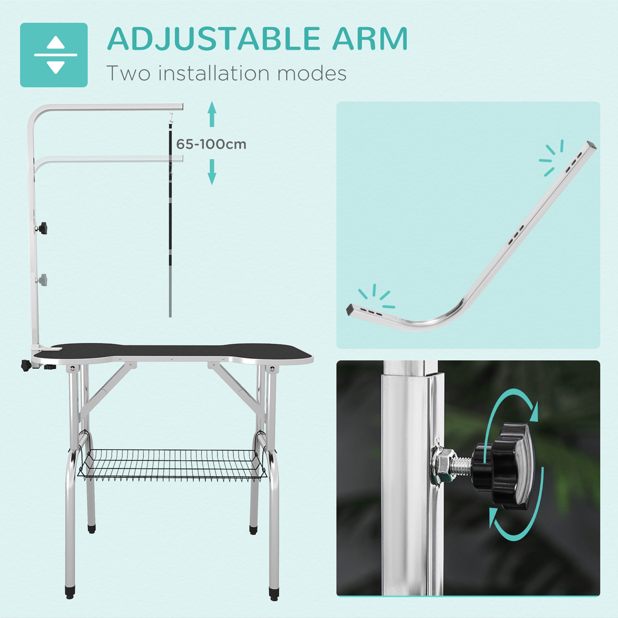 PawHut Foldable Dog Grooming Table Pet Drying Table with Adjustable Arm Non-Slip Rubber Tabletop Aluminium Alloy Edge Stainless Steel Bar Sling 94.5 x 55 x 81cm Black - North Peak Garden Furniture