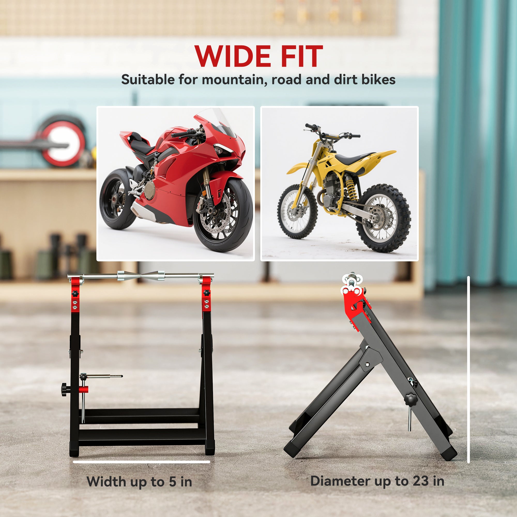 HOMCOM Foldable Motorcycle Wheel Balancer Truing Stand with Spoke Wrench, Steel Bike Tyre Rim Balancing Stand with Aluminium Shaft, Fits Wheels up to 23" in Diameter, 5" in Width, Black