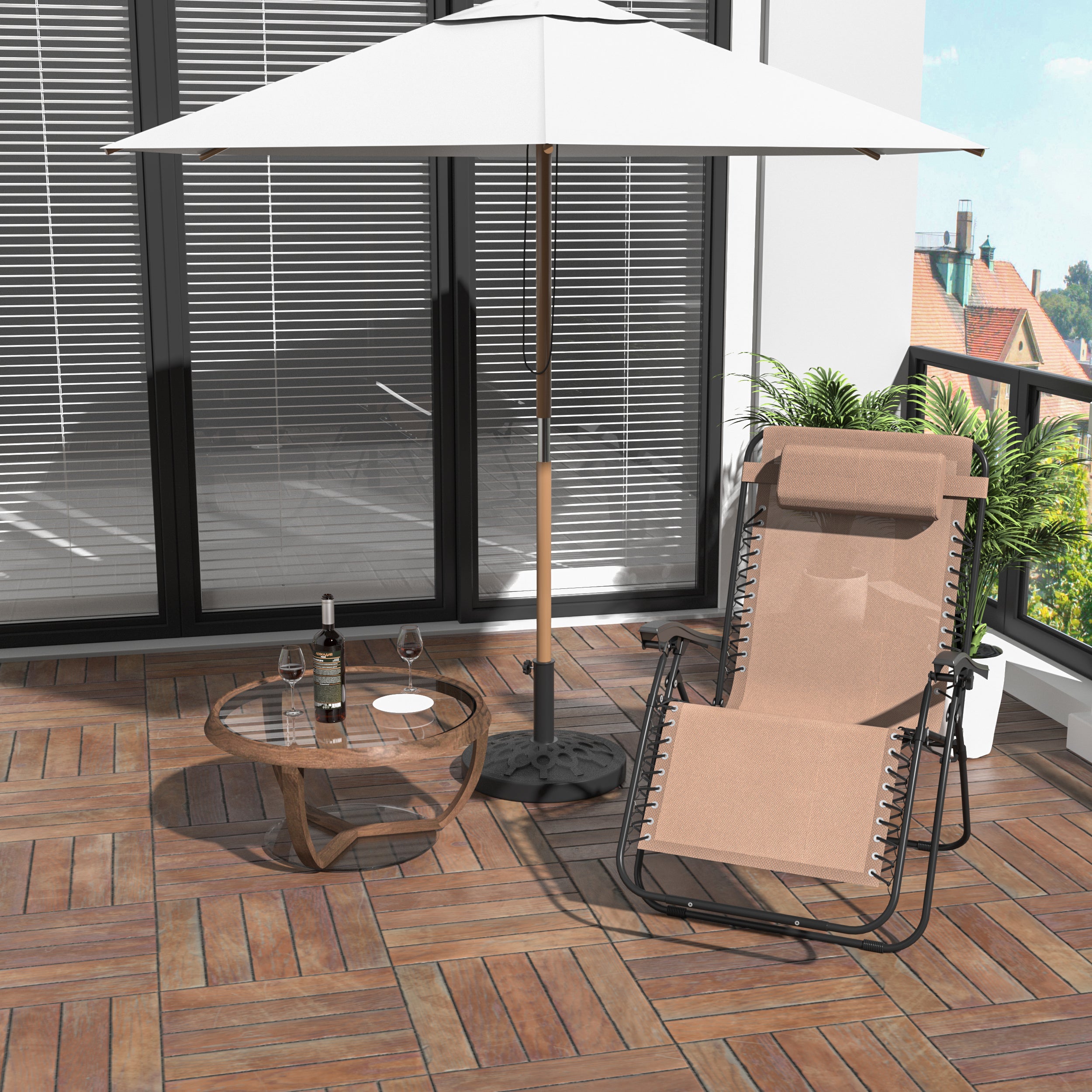 Outsunny Zero Gravity Chair Metal Frame Texteline Armchair Outdoor Folding and Reclining Sun Lounger with Head Pillow for Patio Decking Gardens Camping, Beige - North Peak Garden Furniture