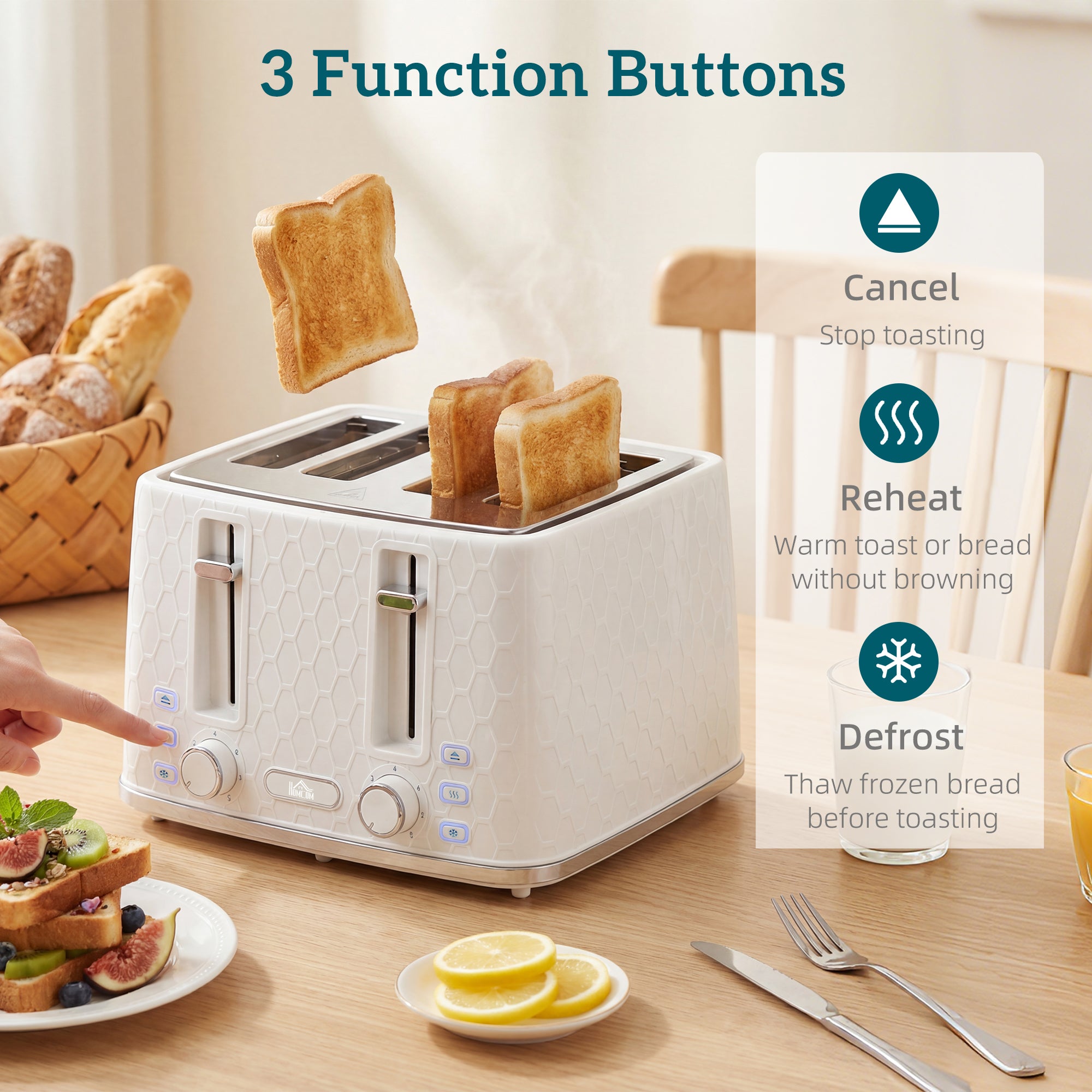 HOMCOM Kettle and Toaster Set, 1.7L 3000W Rapid Kettle with Strix Thermostat, 4 Slice Toaster with 7 Browning Controls, Cream