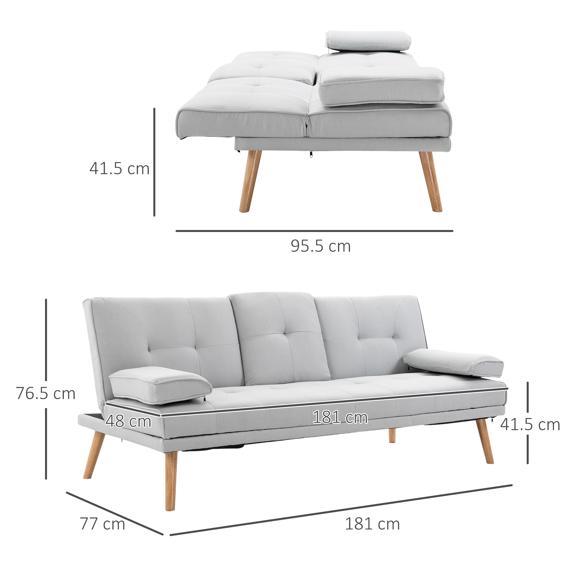 HOMCOM Sofa Bed, Fabric 3-seater Click Clack Sofa Bed with 2 Cup Holders, Convertible Bed Settee, Futon Sofa with Removable Armrest, for Living Room, Spare Room, Bed Room, Guest Room, Grey - North Peak Garden Furniture