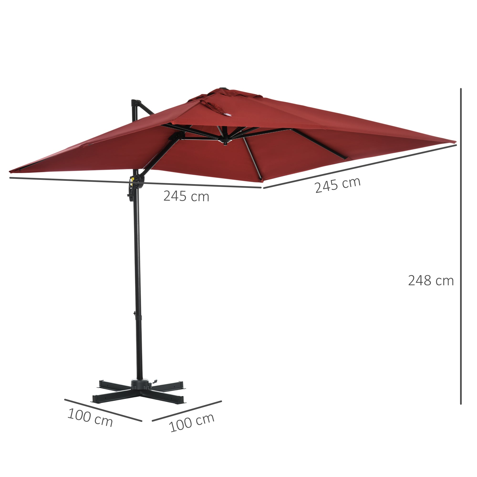 Outsunny 2.5 x 2.5m Patio Offset Parasol Umbrella Cantilever Hanging Aluminium Sun Shade Canopy Shelter 360° Rotation with Crank Handle and Cross Base, Wine Red - North Peak Garden Furniture