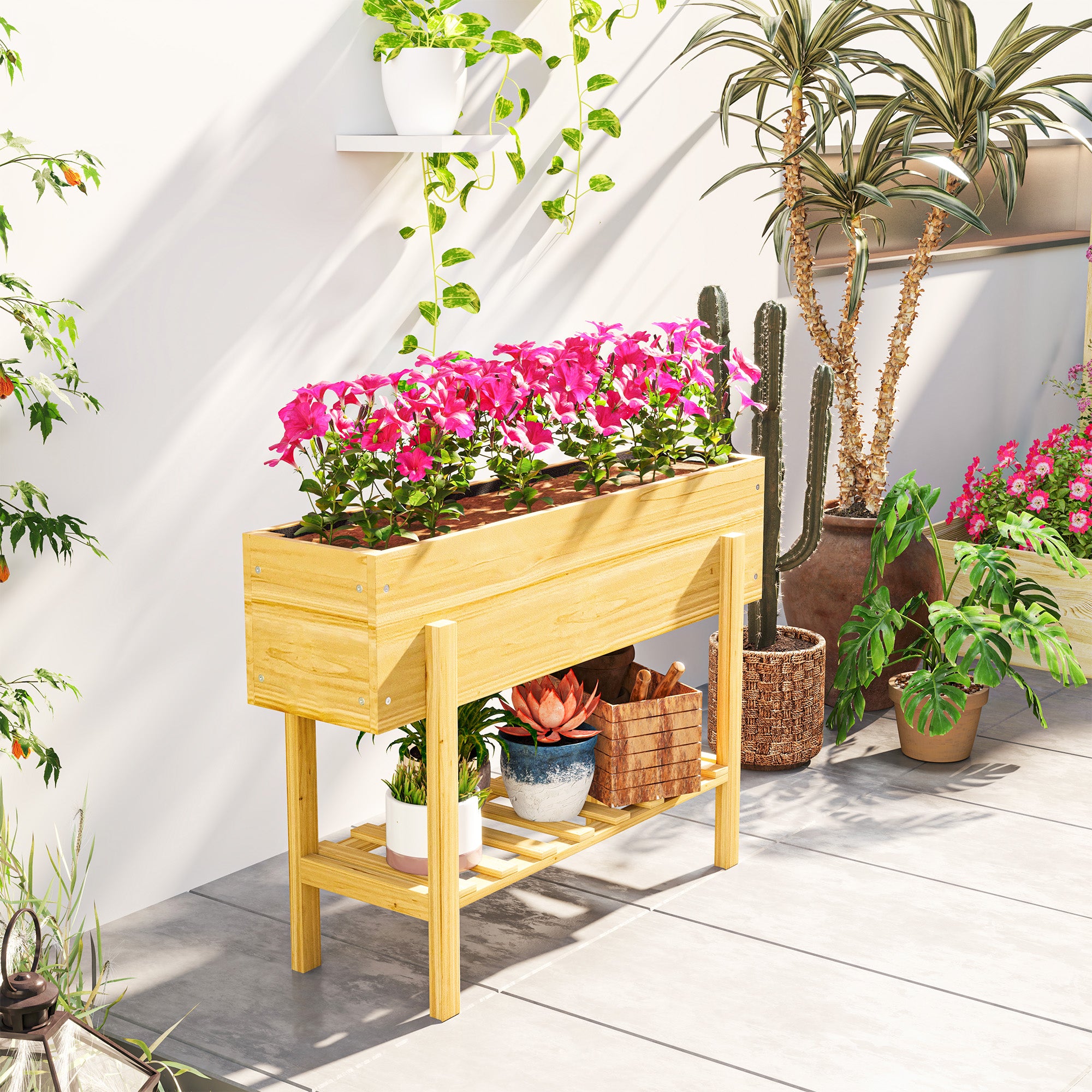 Outsunny Wooden Raised Garden Bed, Elevated Planter Box with Bed Liner, Drainage Holes and Storage Shelf, Raised Planter for Vegetables, Flowers, Herbs, 100 x 30 x 71 cm, Natural Wood Finish - North Peak Garden Furniture
