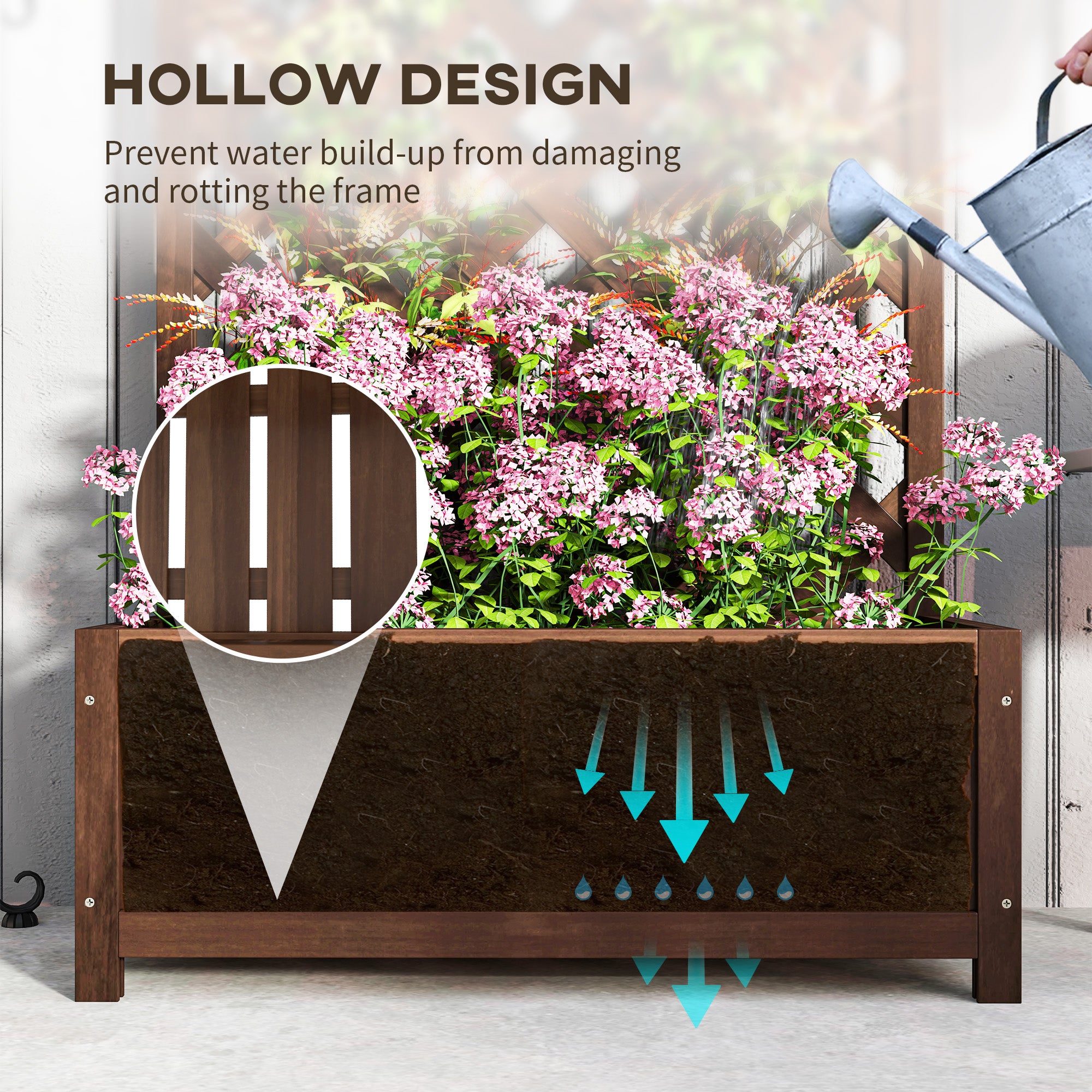 Outsunny 53L Garden Wooden Planter Box with Trellis Free Standing Flower Raised Bed with Lattice for Climbing Plants, 76cm x 36cm x 170cm, Dark Brown - North Peak Garden Furniture