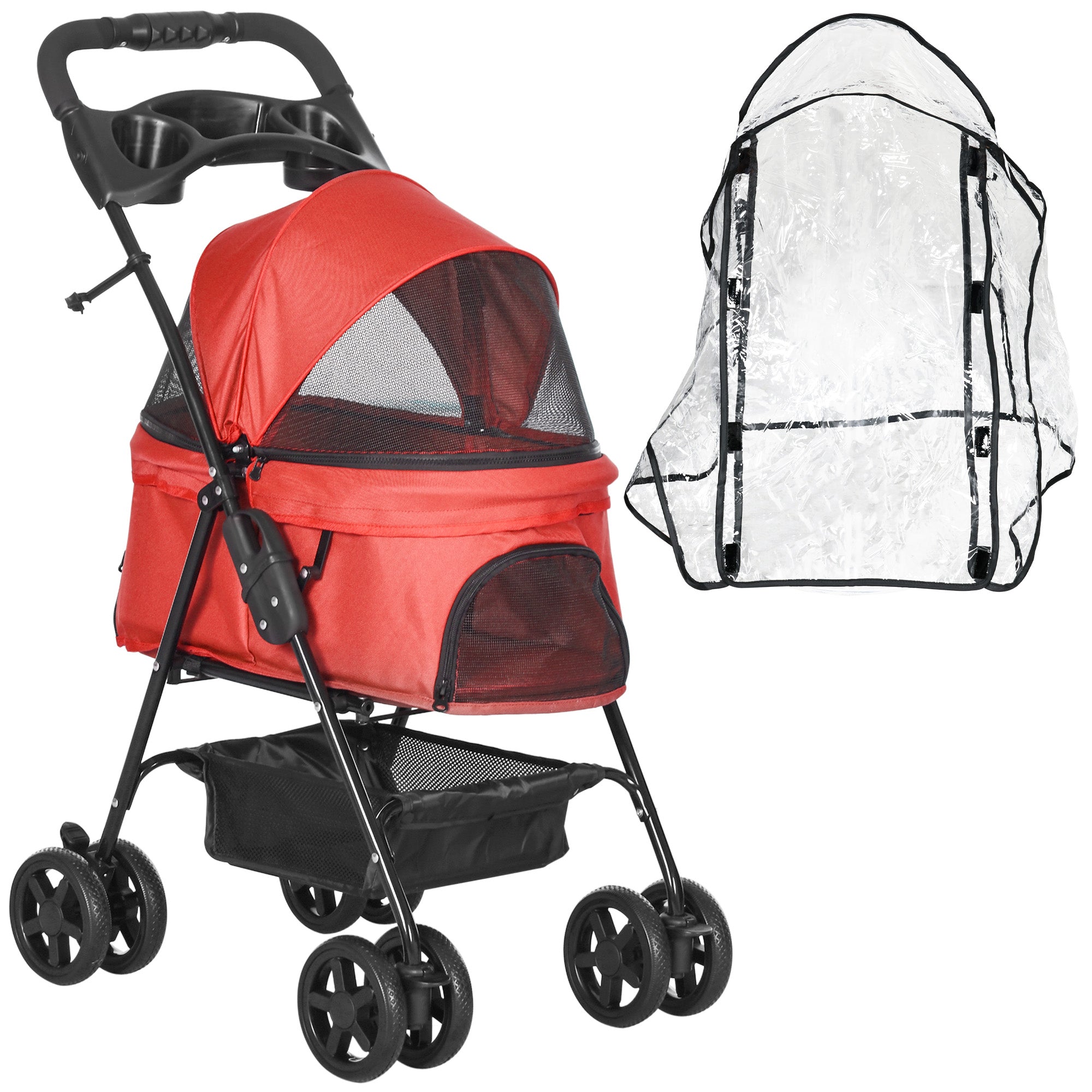 PawHut Dog Stroller with Rain Cover, Dog Pushchair One-Click Fold Trolley Jogger with EVA Wheels Brake Basket Adjustable Canopy Safety Leash for Small Dogs, Red - North Peak Garden Furniture