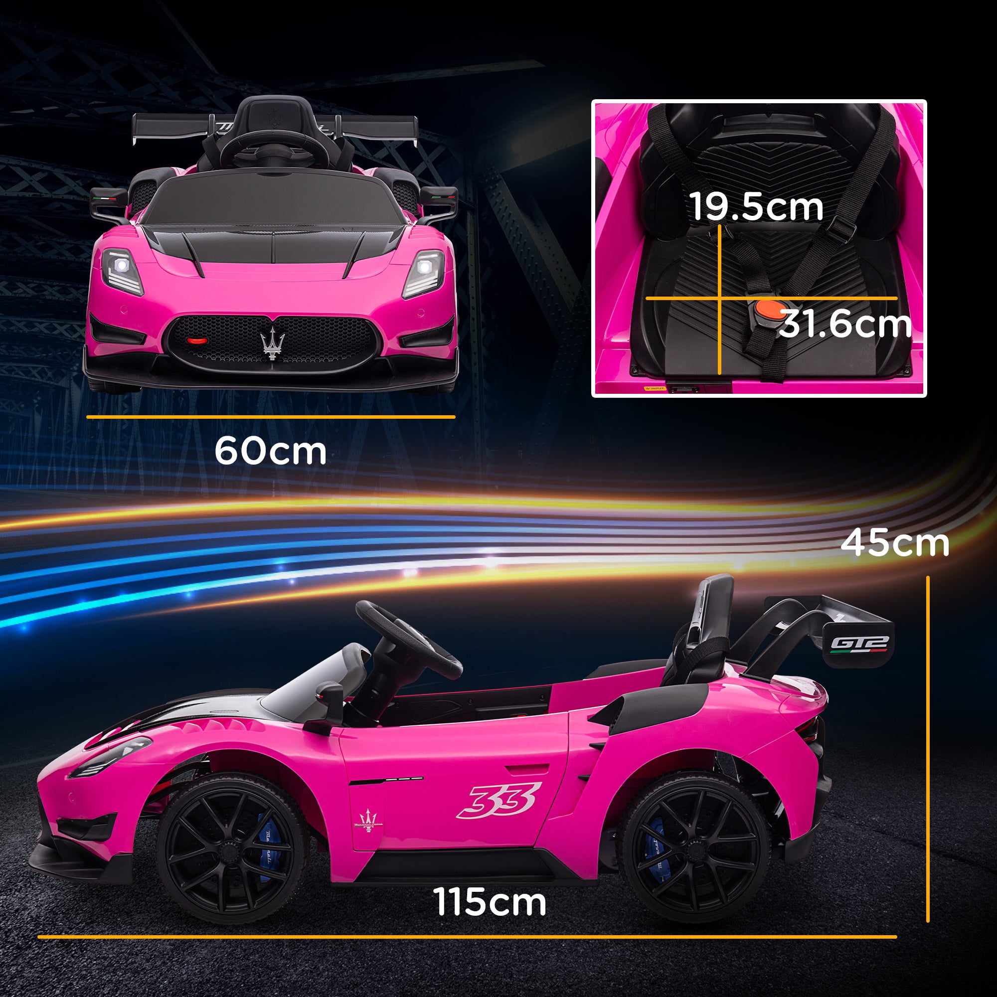 AIYAPLAY Maserati GT2 Licensed 12V Kids Electric Ride on Car with 4 Suspension, Remote Control Music Horn Lights - Pink - North Peak Garden Furniture