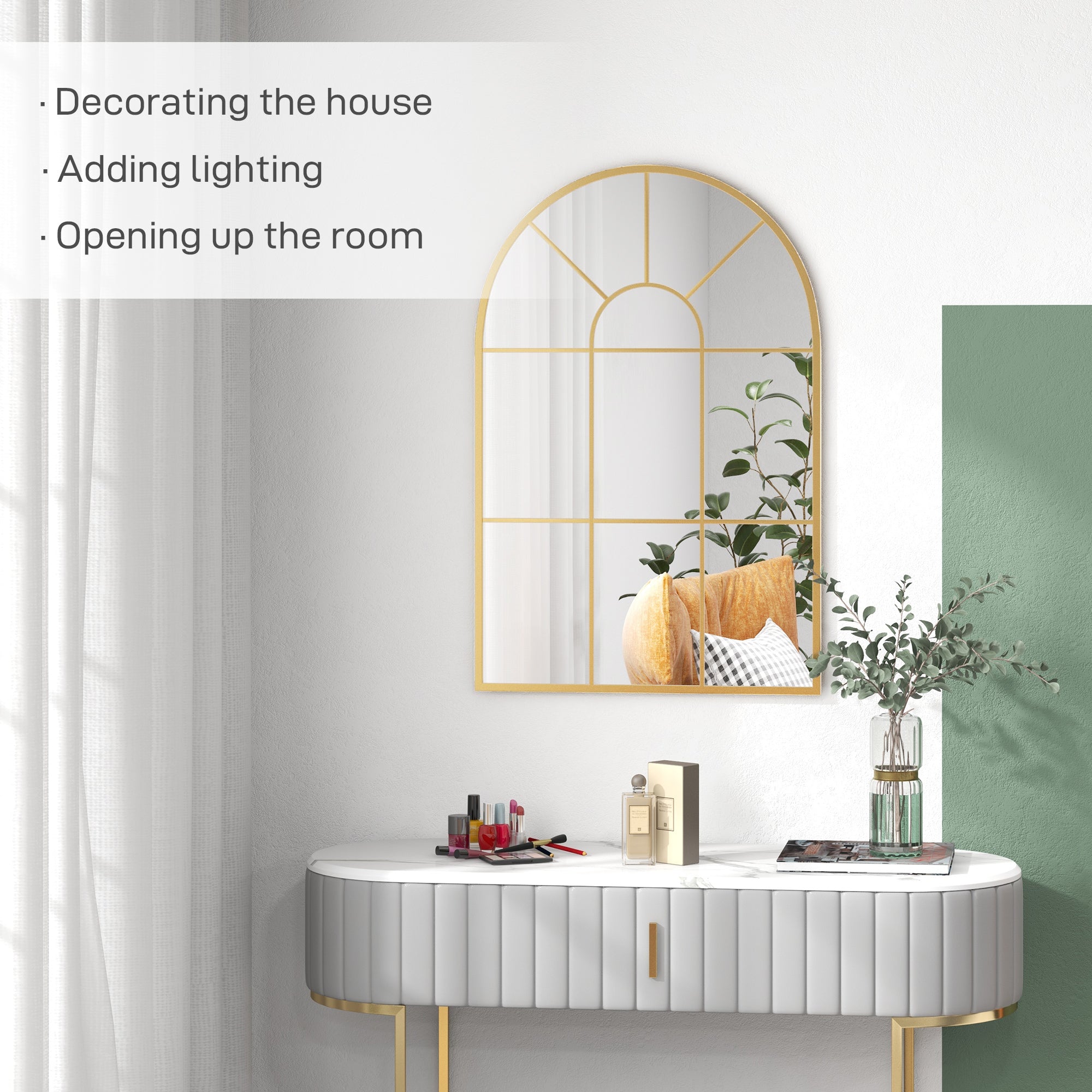 HOMCOM Modern Arched Wall Mirror, 91 x 60 cm Window Mirrors for Living Room, Bedroom, Gold Tone - North Peak Garden Furniture