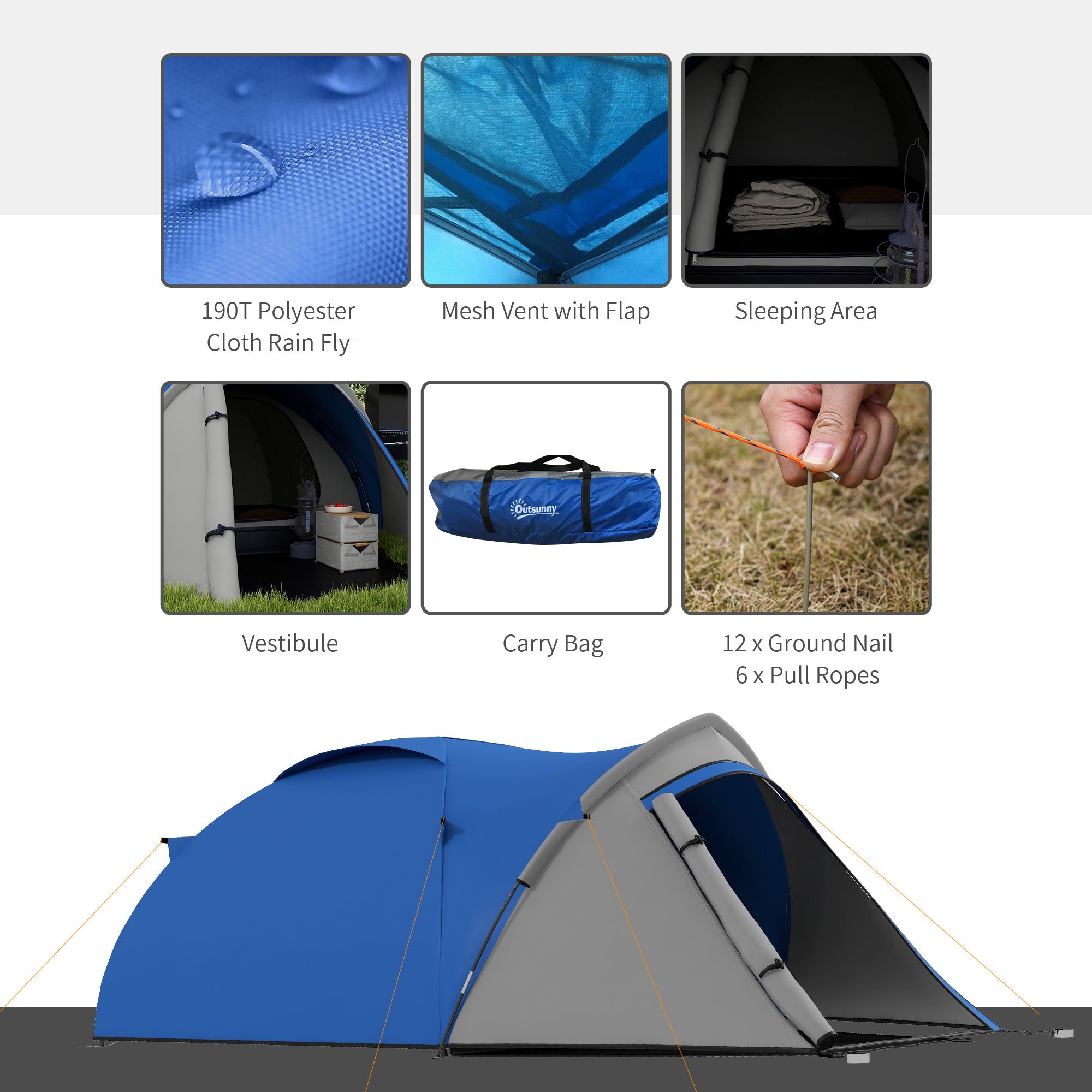 Outsunny Two-Man Dome Tent, with Front Vestibule - Blue/Grey - North Peak Garden Furniture