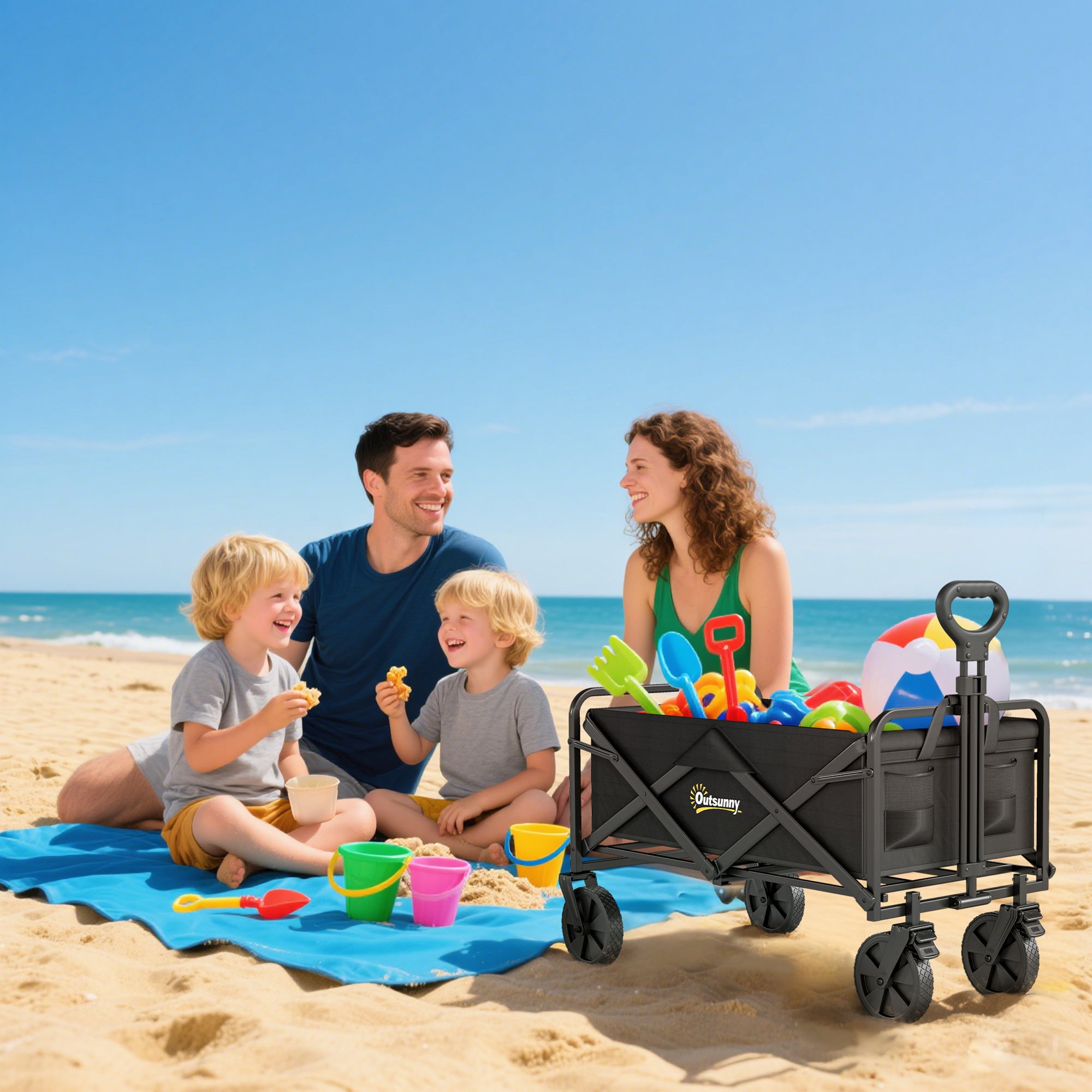 Outsunny Folding Steel Frame Garden Storage Cart, with Wheels and Handle - Black - North Peak Garden Furniture