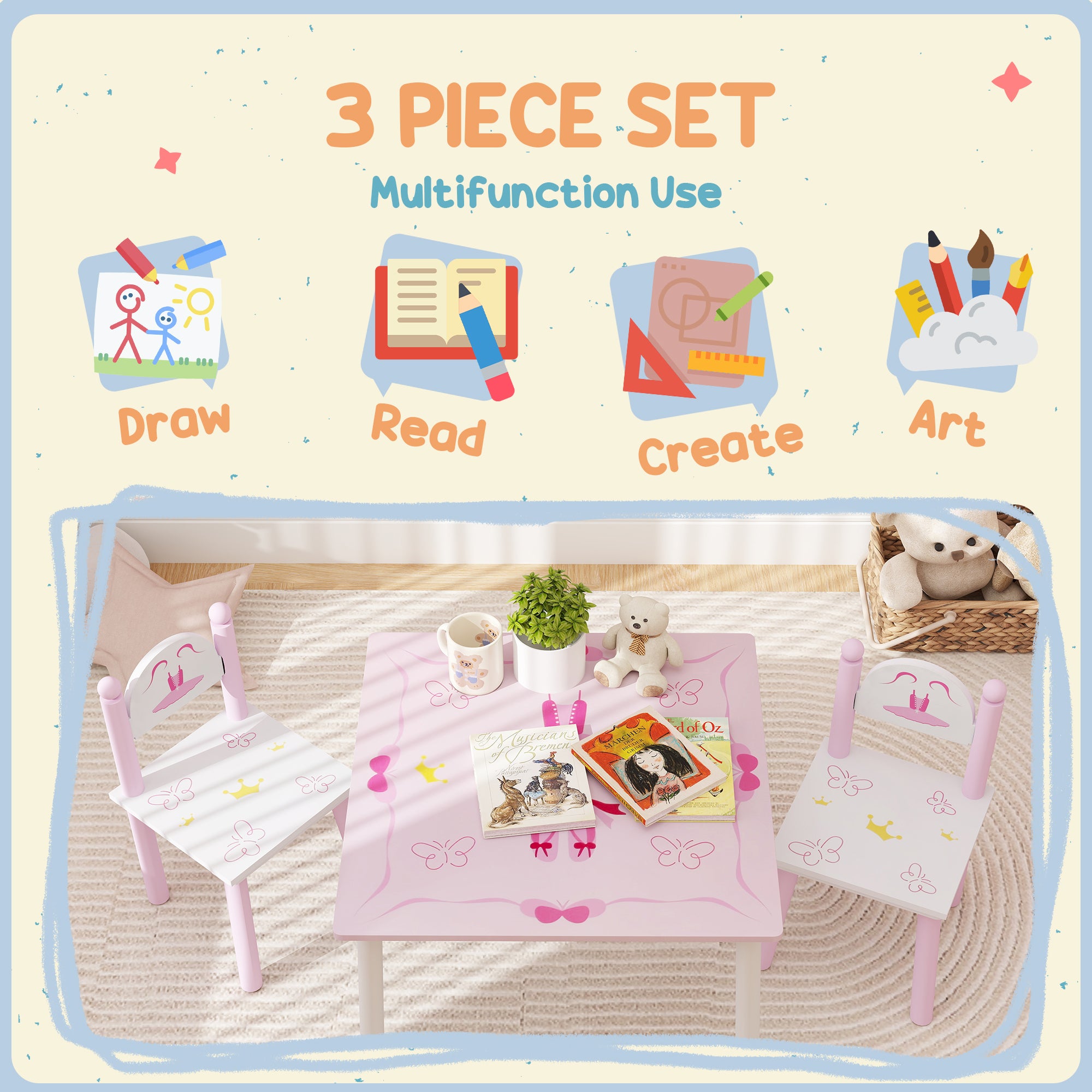 AIYAPLAY Princess Design Kids Table and Chairs Set for Activity, Art, Drawing, Toddler Table and Chairs Set for Playroom, Nursery - North Peak Garden Furniture