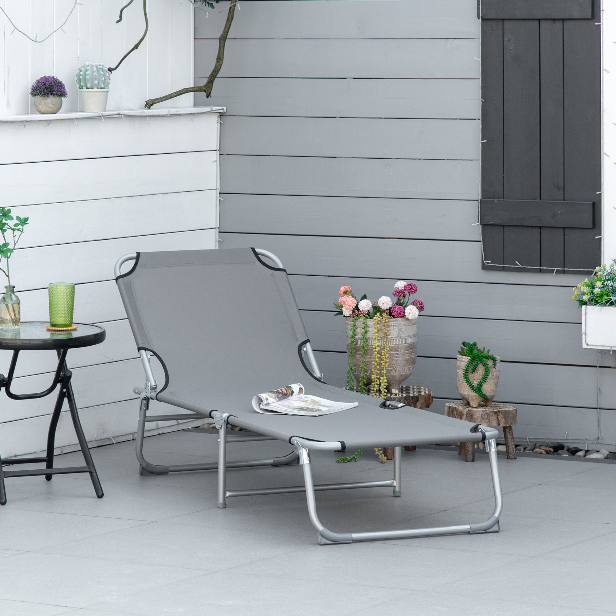 Outsunny Reclining Sun Lounger Chair Folding Camping Bed with 4-Position Adjustable Backrest, Grey