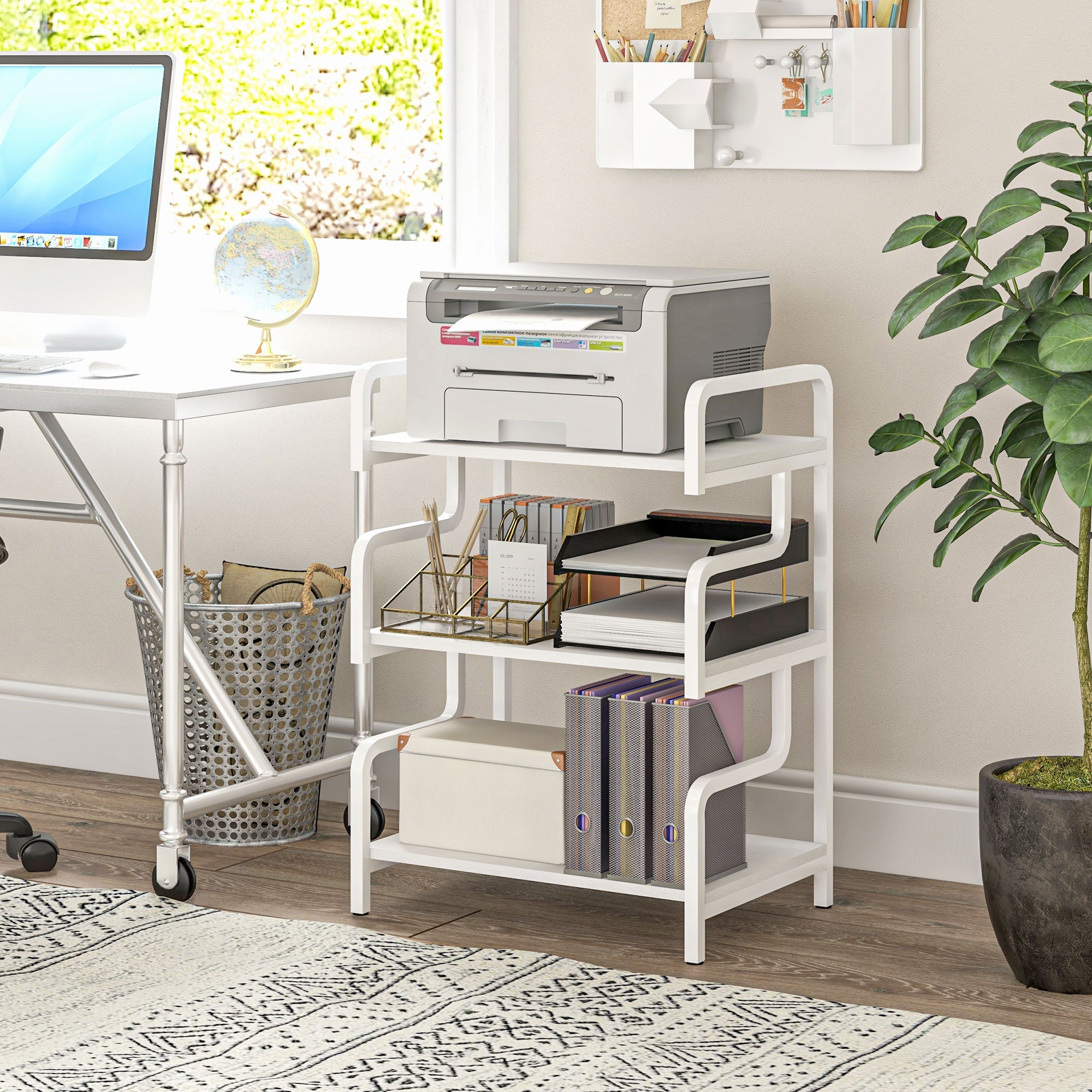 HOMCOM 3-Tier Printer Stand with Storage Shelves, Printer Table, 55 x 40 x 77cm Printer Shelf for Home Office, Study, White - North Peak Garden Furniture