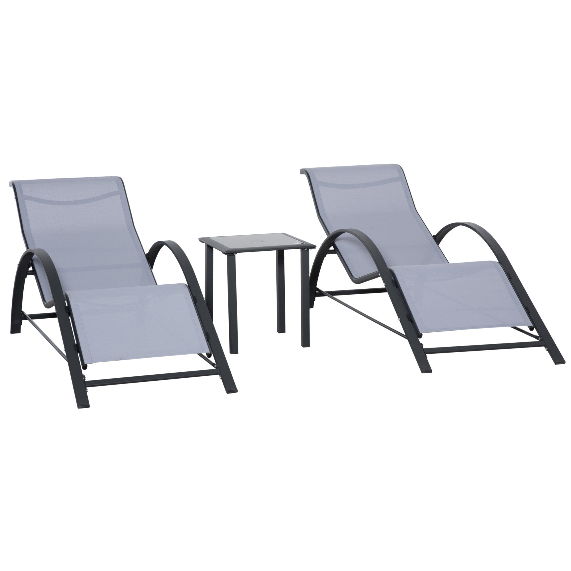 Outsunny 3 Pieces Lounge Chair Set Metal Frame Garden Outdoor Recliner Sunbathing Chair with Table, Light Grey - North Peak Garden Furniture