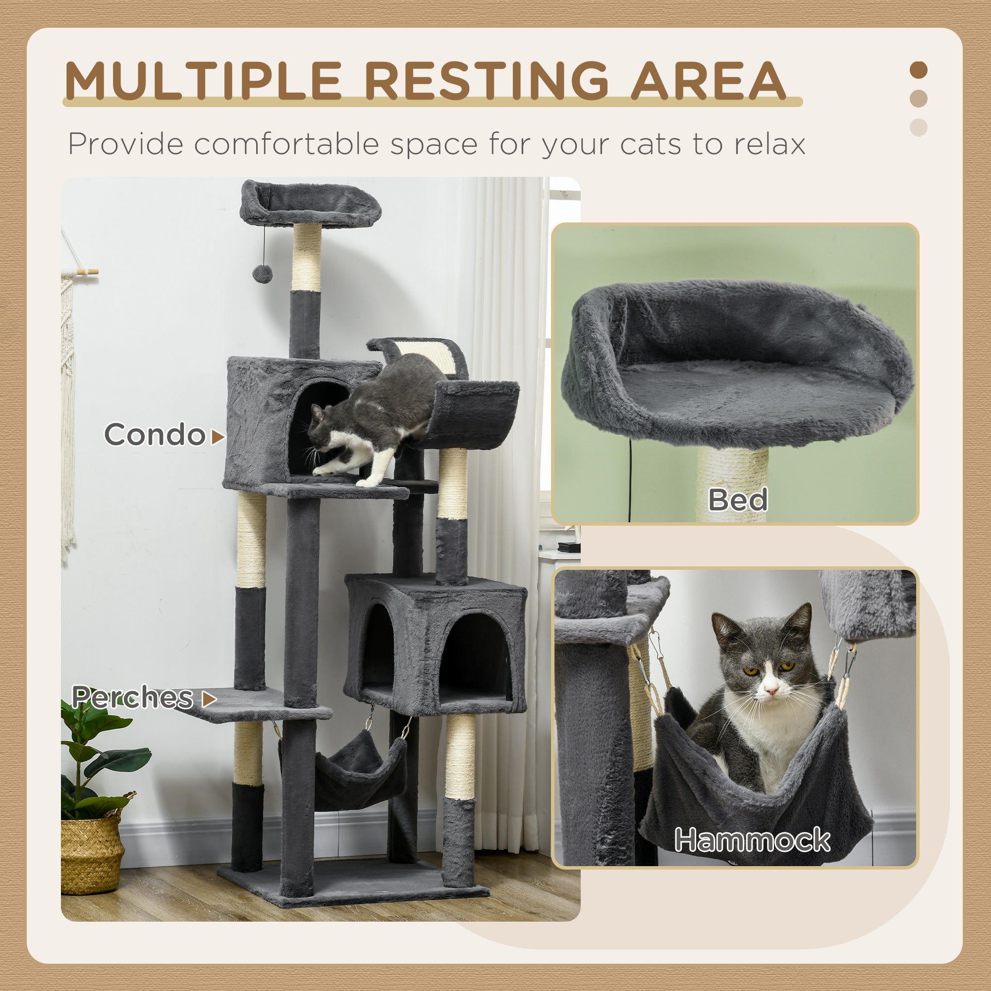 PawHut 177cm Cat Tree with Scratching Post, Hammock, Cat House - Dark Grey - North Peak Garden Furniture