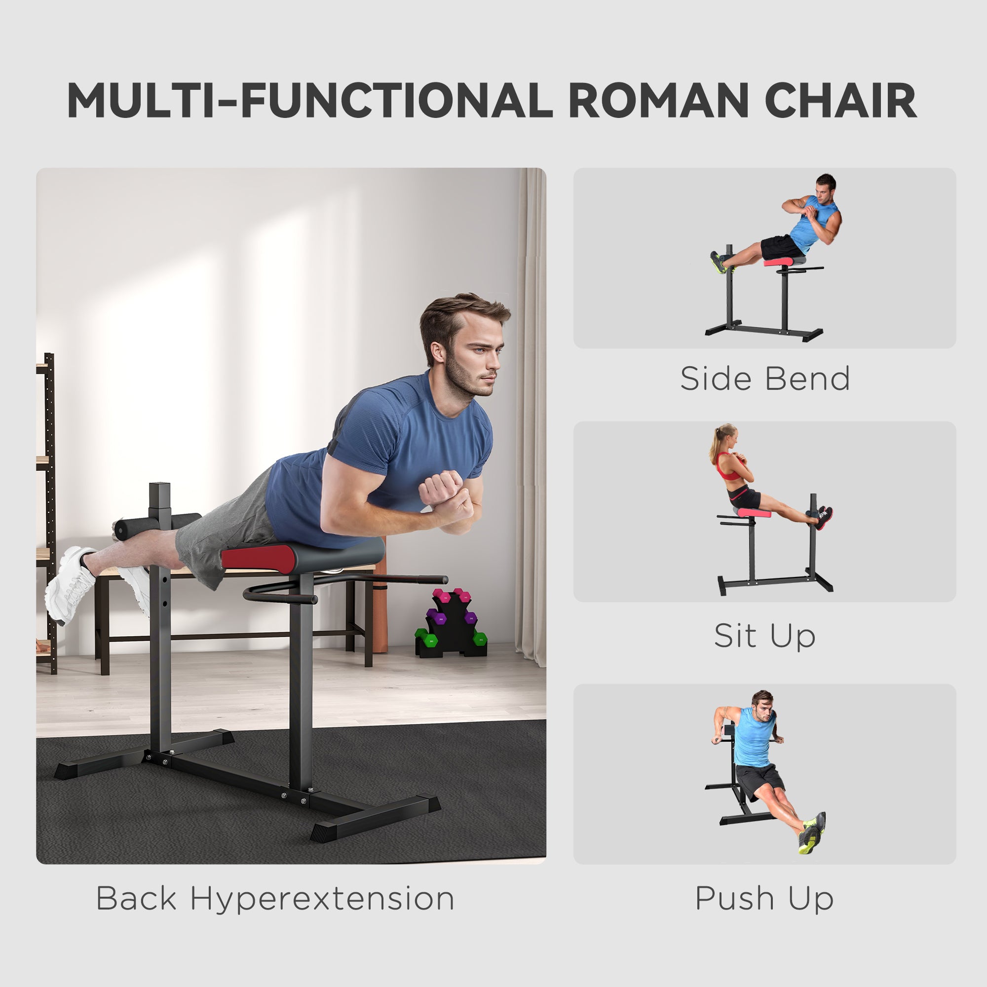 SPORTNOW Back Extension Roman Chair, Hyperextension Bench with Adjustable Leg Roller for Back, Abdominal and Gluteal Training - North Peak Garden Furniture