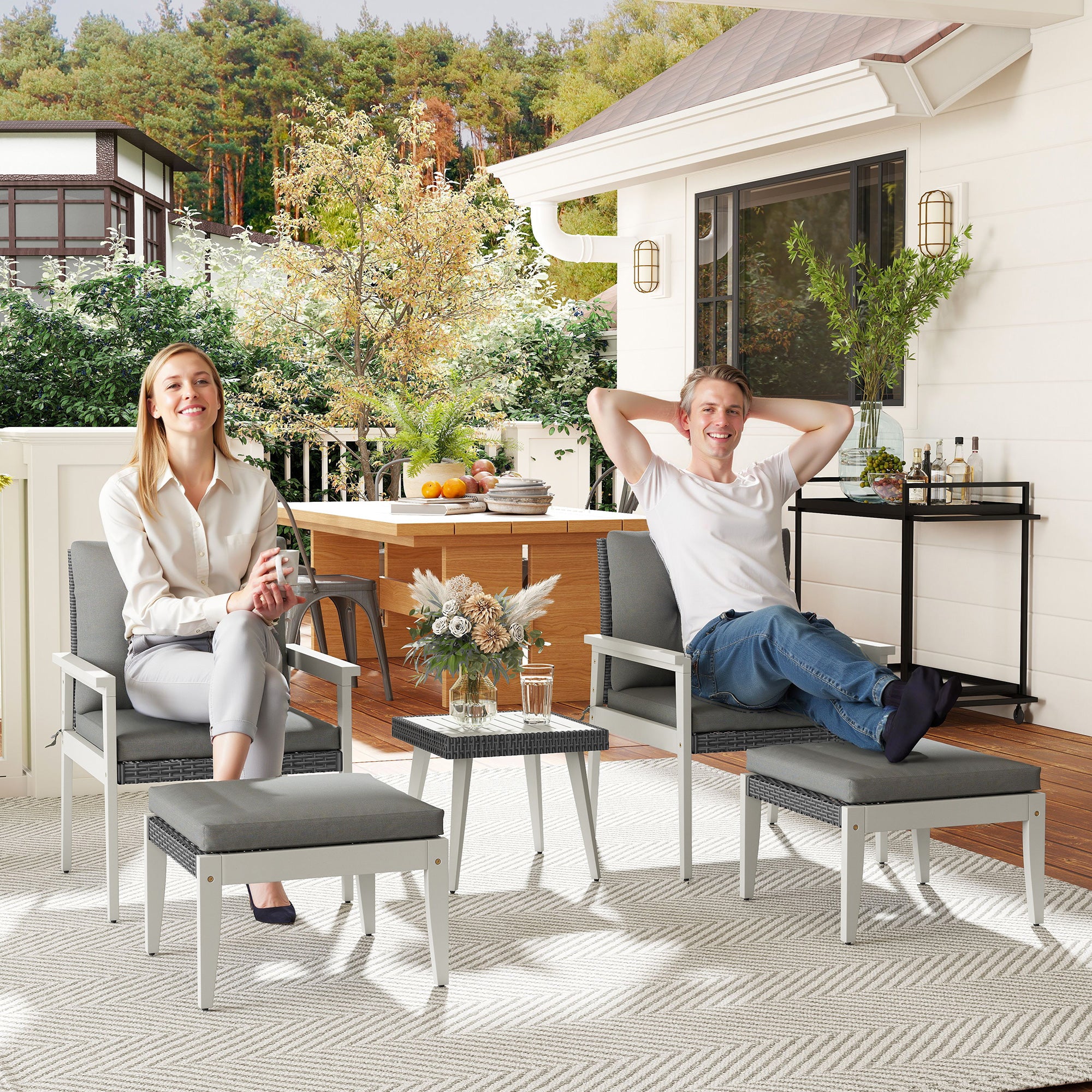 Outsunny 5 Pieces Rattan Garden Furniture Set, Patio Conversation Set with Cushions, Acacia Wood Top Coffee Table and Footstools, Outdoor Table and Chairs for Balcony, Terrace and Conservatory, Grey - North Peak Garden Furniture